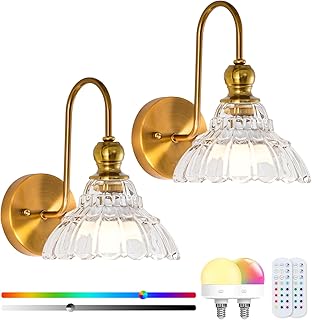Vintage Battery Operated Wireless Wall Sconces, Rechargeable Battery with Flower Glass Shade Wall Lights,Farmhouse Vanity Lamp with Remote for Dining Room Hallway Living Room, Set of Two (Clear)