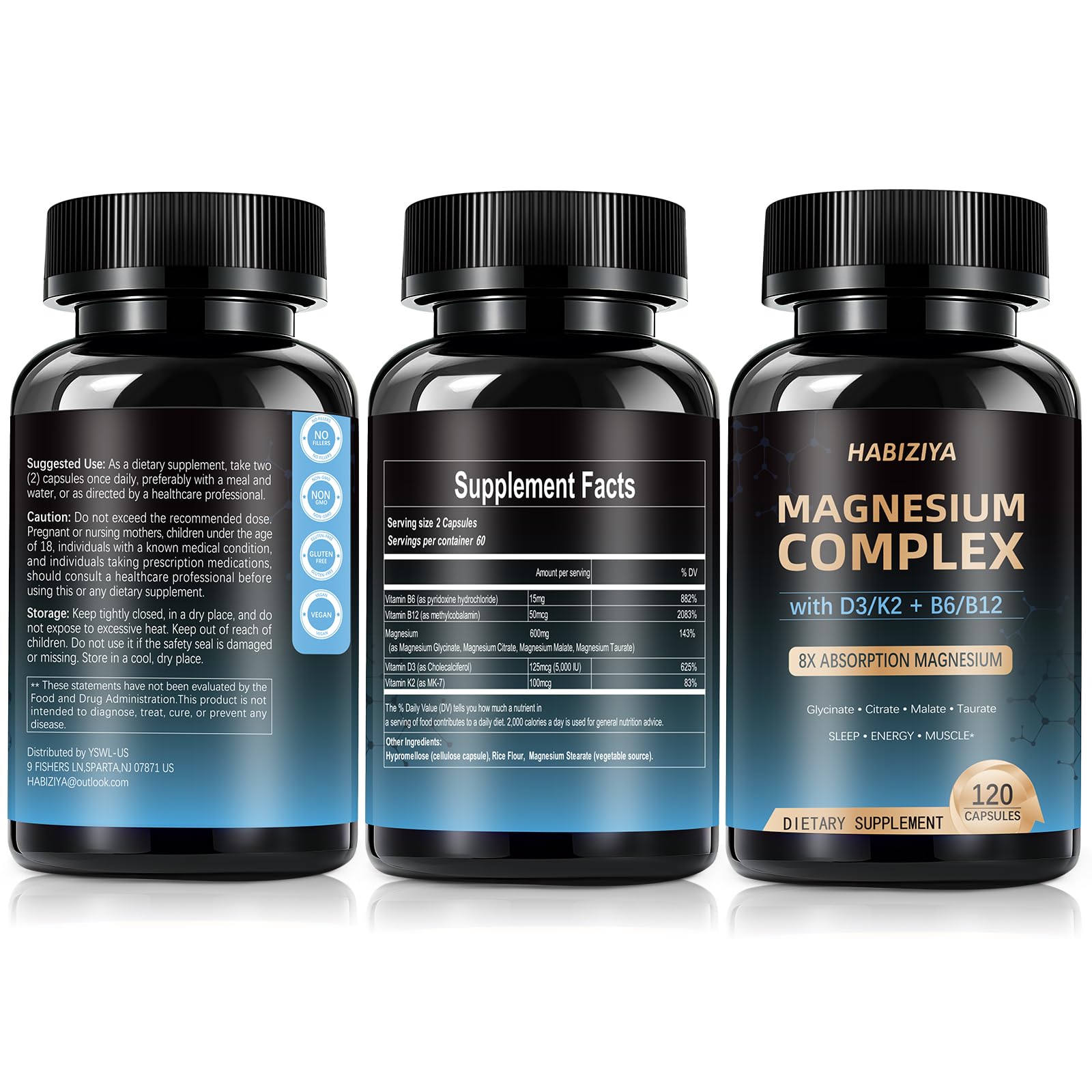 Magnesium Complex Supplement 600mg with with D3 K2 MK7 & B Vitamins High Absorption Capsules with Glycinate, Citrate & Malate,Taurate Relaxation,Muscle,Heart Support, Vegan 120 Capsules — Amazon image 8