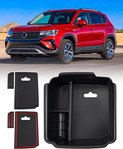 FIILINES Organizador de consola central con alfombrillas antideslizantes para Volkswagen Taos 2022-2025, bandeja de consola, caja de almacenamiento