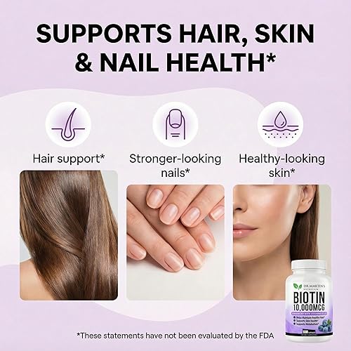 Miniatura 6 de Potente biotina (vitamina B7) 10,000 mcg con suplemento de vitaminas D y E | 180 unidades | Cabello, piel y uñas | Para un crecimiento del cabello