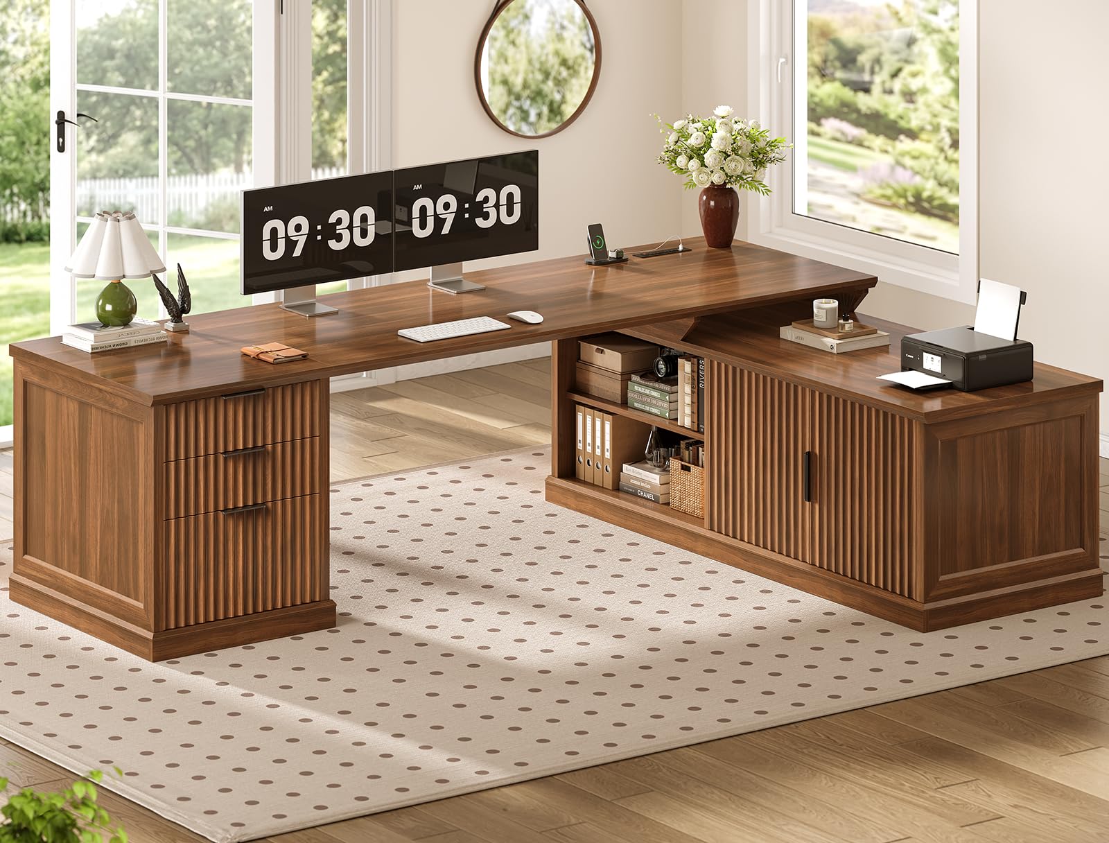 SEDETA Fluted 70.9" L Shaped Desk with Drawers and Storage Cabinet, Brown