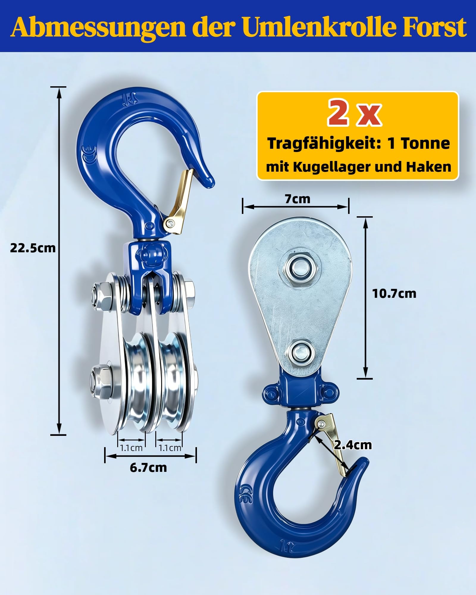 2 Stück 1 Tonne Doppelte Umlenkrolle mit Kugellager Umlenkrollen für Seile bis 10mm schwerlast Seilwinde Flaschenzug mit 360° Sicherheitshaken & Anti‑Rutsch‑Klammer für Forst Bau Industrie