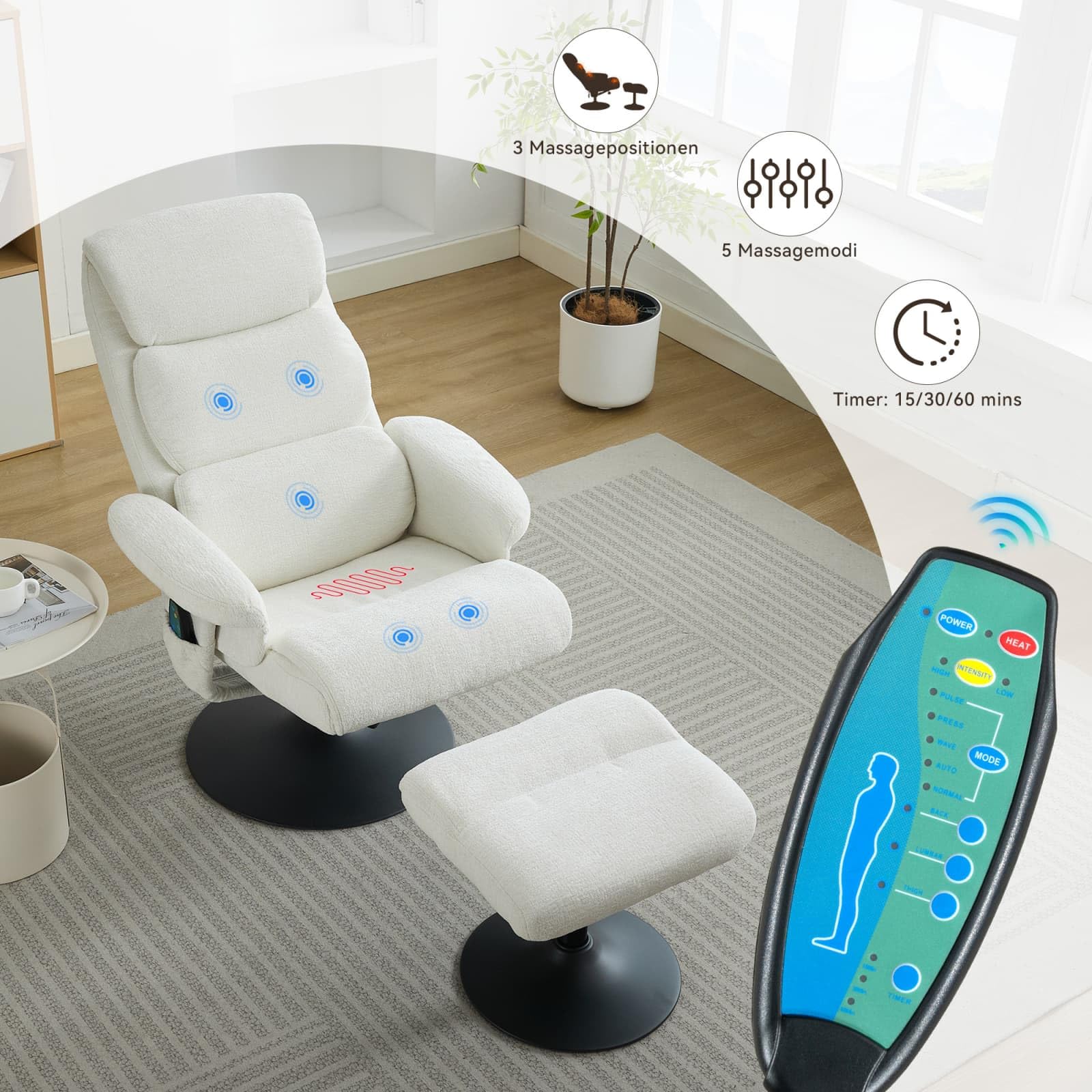Sweiko Fauteuil de Massage Pivotant à 360° avec Fonction Inclinable et Chauffante, Fauteuil TV Relax avec Repose-Pieds, Revêtement en PU (White + Chenille + Foam)