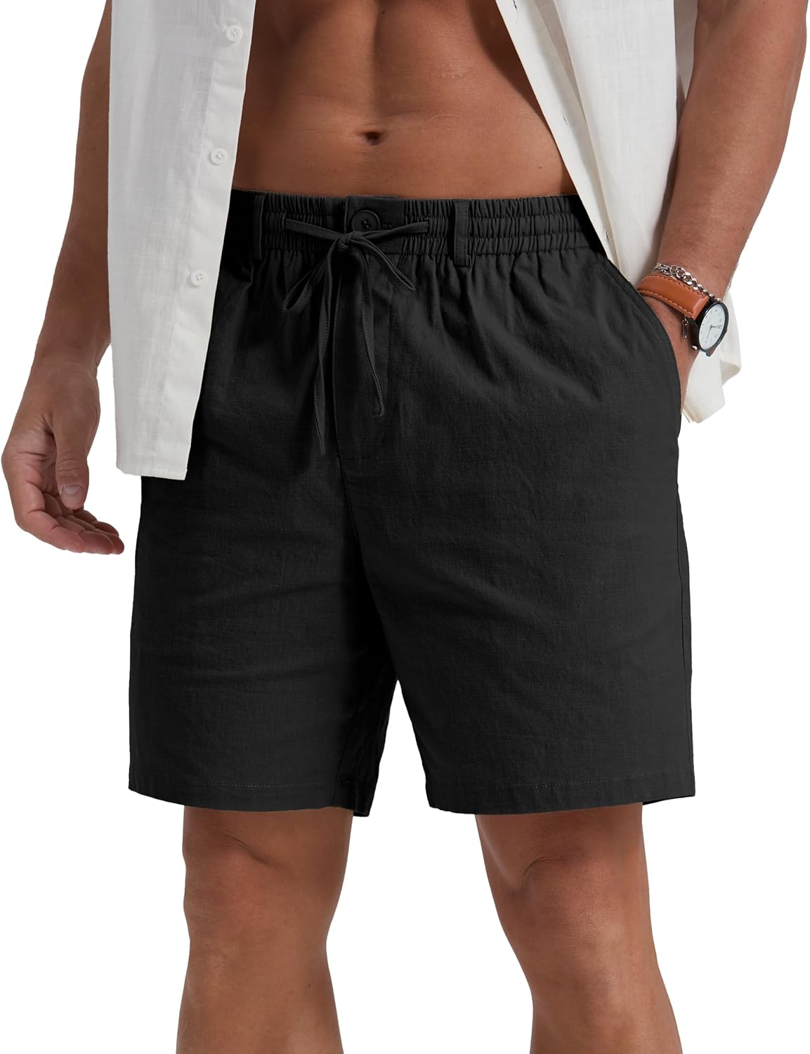 Sailwind Men's Linen Casual Shorts Elastic Waist Drawstring Summer Beach Shorts with Pockets - Image 3