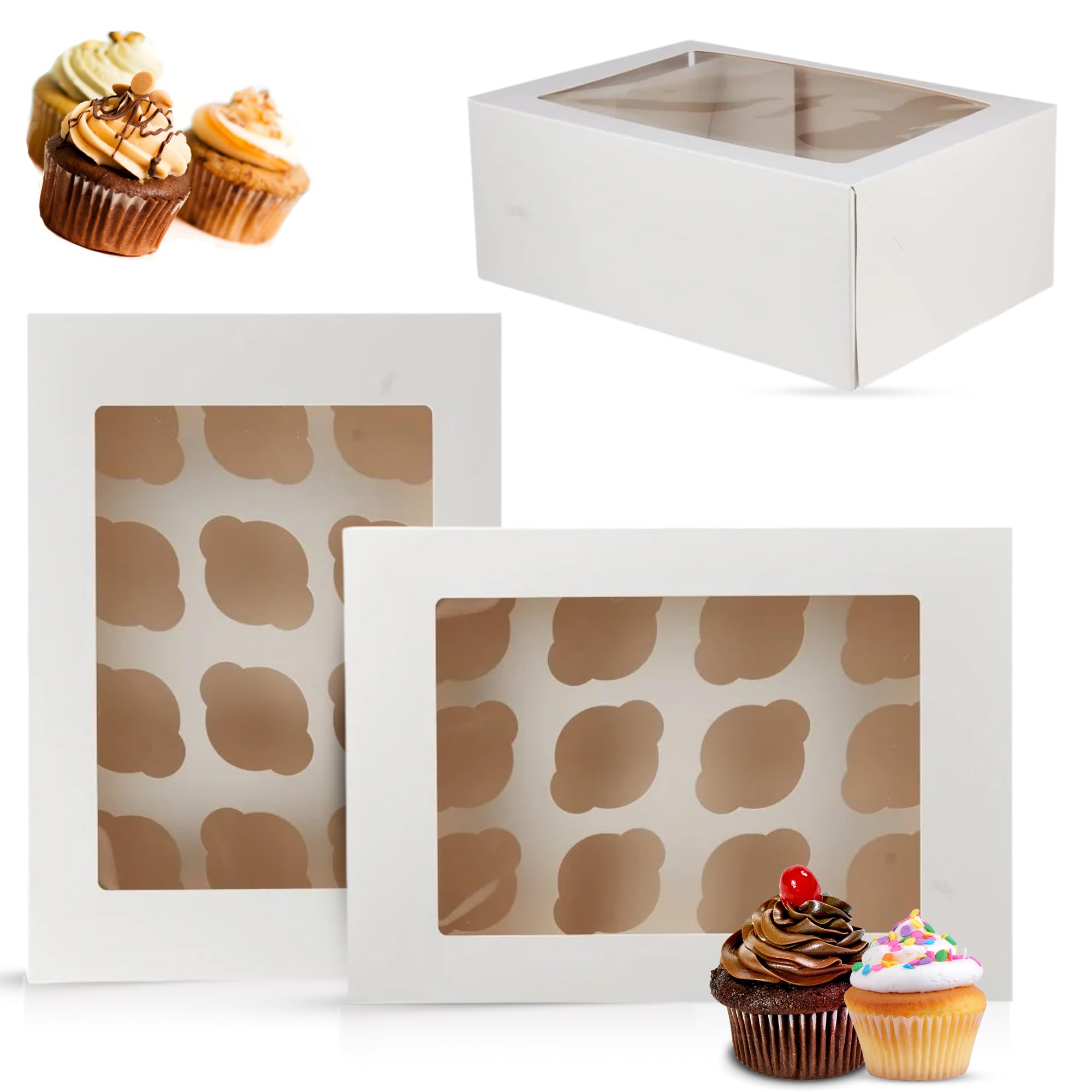 Chef Royale White 10 Cupcake Boxes 12 Holes - Cup Cake Boxes With Clear Window - Rectangular Cupcake Carrier For Muffin Deserts Cupcake Holders For Home Parties, Wedding, Christmas, Cake Shop