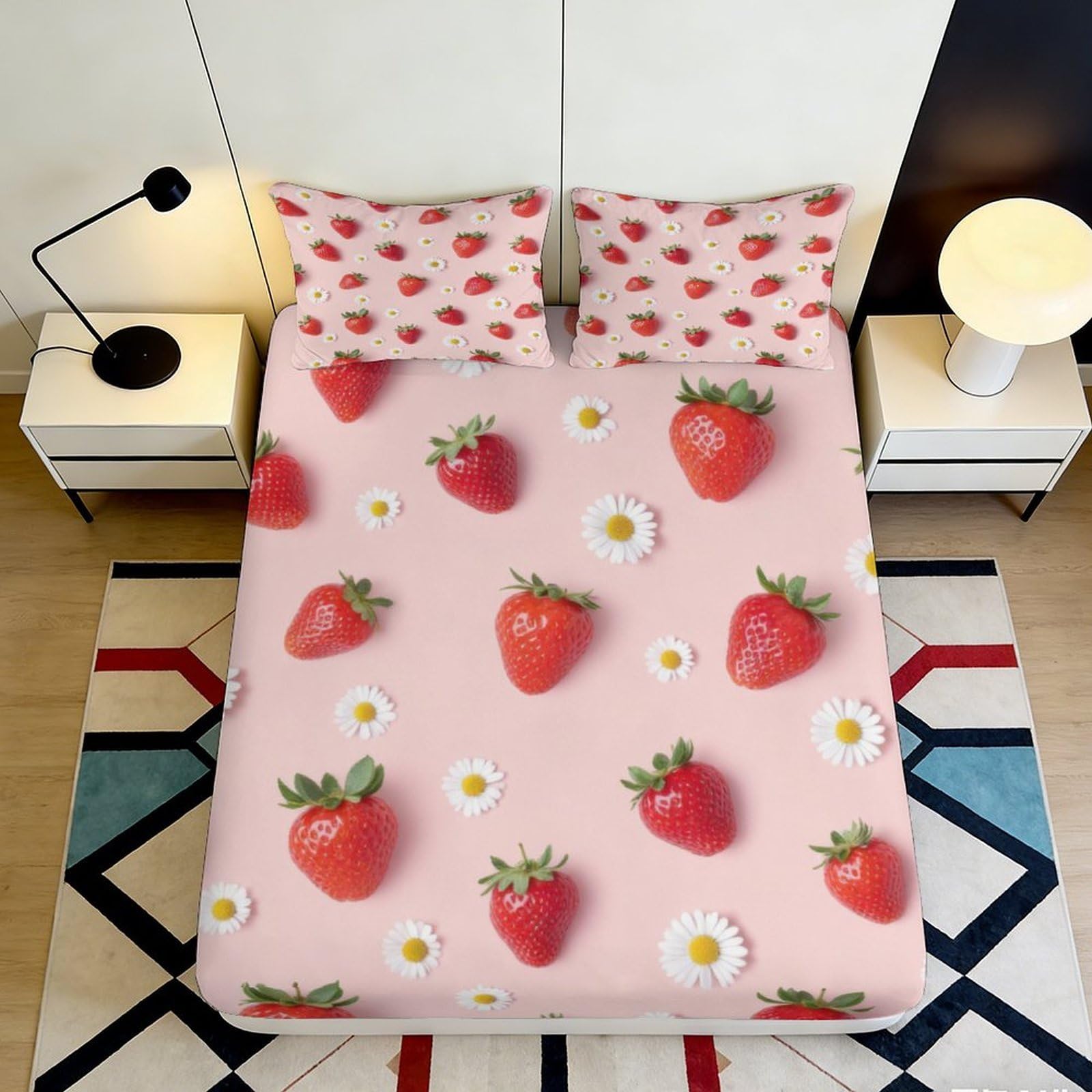 3D Printed Strawberry Fitted Sheet Microfiber Deep Pocket Fresh Strawberry Mattress Fitted Cover Non-Slip Washable Bedding 160x200x25cm