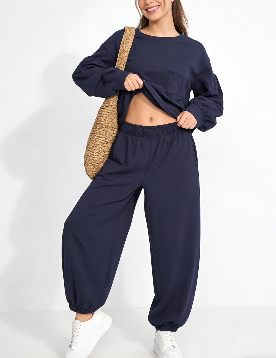 Women’s 2 Piece Lounge Set Lantern Sleeve Top Jogger Pants Matching Set Comfy Travel Everyday Outfit