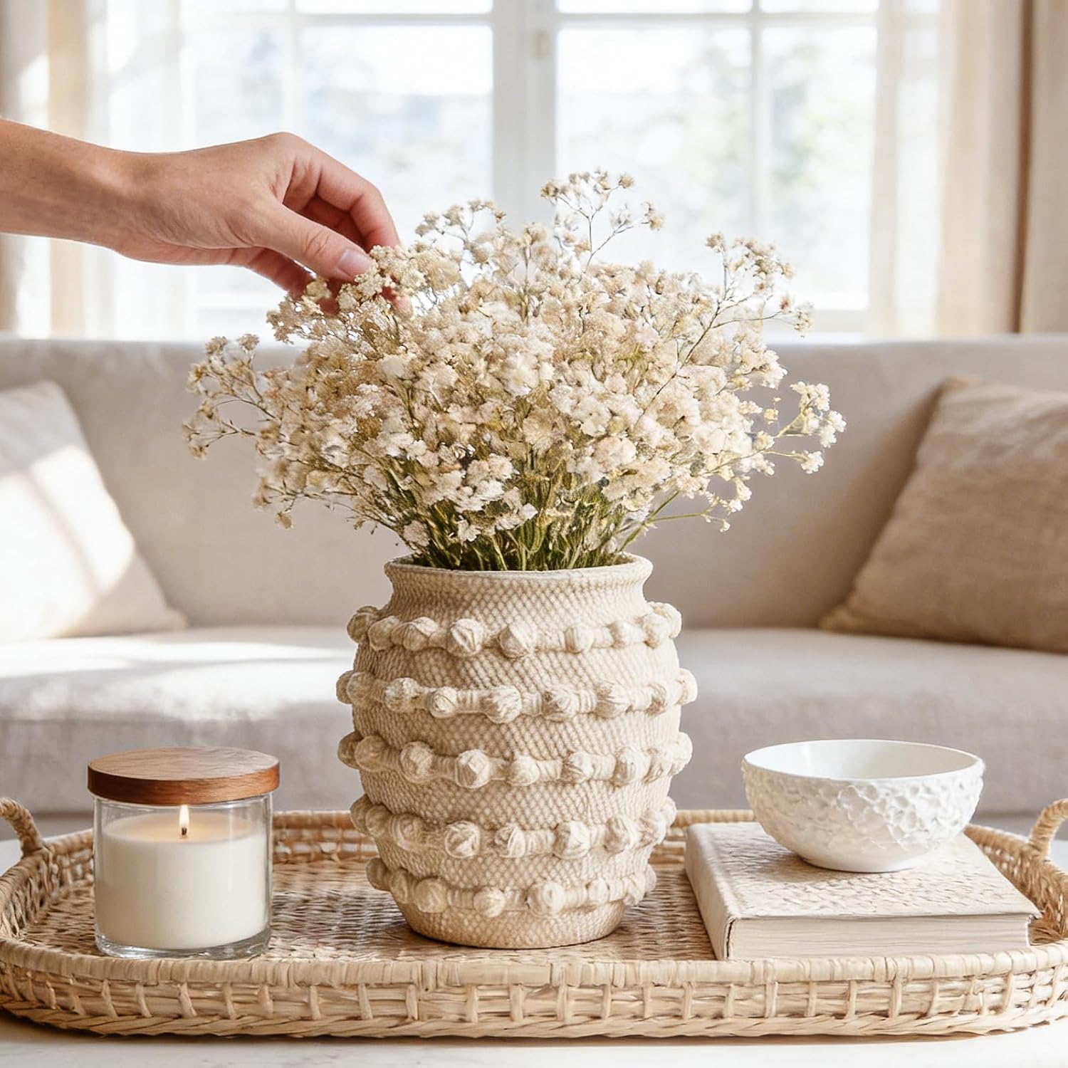 DN DECONATION Beige Rustic Farmhouse Vase, 6.3 Inch Textured Boho Vase for Home Decor, Cement Decorative Flower Vases with Rope Knots for Living Room, Table Centerpiece, Shelf, Mantel Decoration