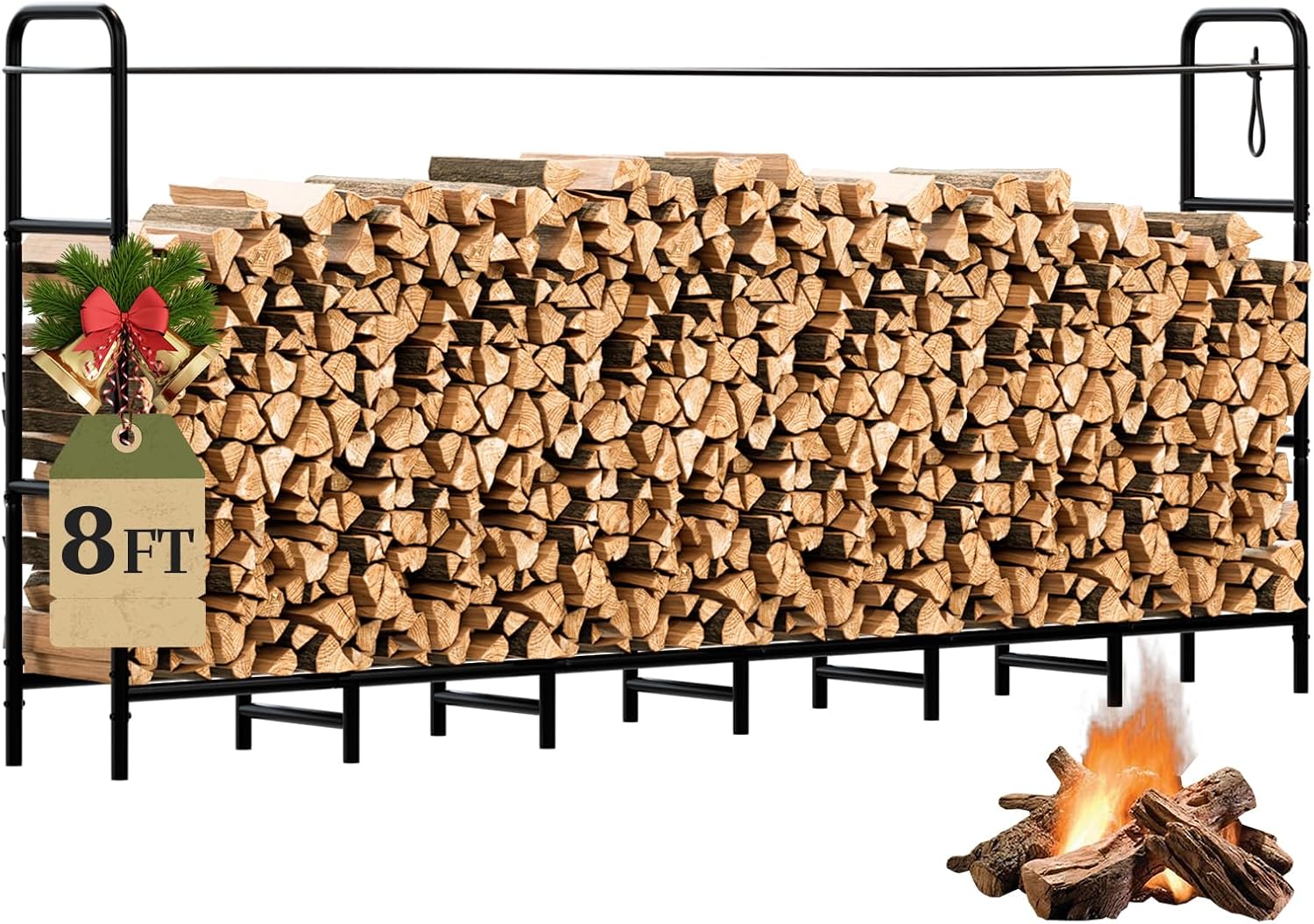 Firewood Rack 8FT Heavy Duty Metal, Outdoor Indoor Log Holder Stand for Fireplace Wood Storage, Adjustable Wood Pile Stacker Organizer for Patio, Black