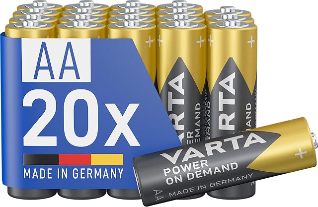 VARTA Baterie AA, opakowanie 20 szt., Power on Demand, Alkaliczne, 1,5V, pakiet do przechowywania, na akcesoria komputerowe, urządzenia Smart Home, Made in Germany [Wyłącznie w Amazon]
