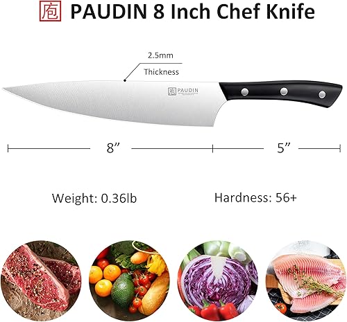 Miniatura 2 de PAUDIN Cuchillo de chef, cuchillo de cocina de 8 pulgadas, cuchillo ultra afilado, acero inoxidable de alto carbono, cuchillo de chef profesional,