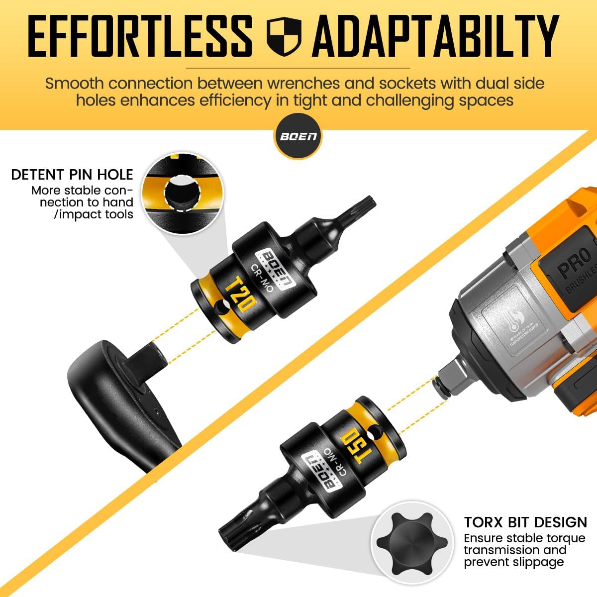boen 3/8" Drive Universal Torx Bit Socket Set, 7PCS Impact Swivel Star Bit Sockets (T20-T50), 360° Rotation Flexible Wobble Torx Bit Driver Socket Set, Yellow Embossed Marking, CR-MO Steel