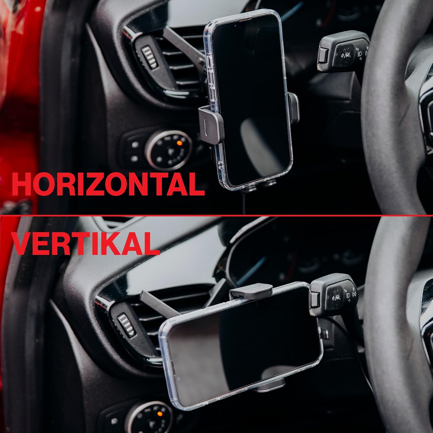Images showing a smartphone mounted in the freeVoice holder in both horizontal and vertical orientations.
