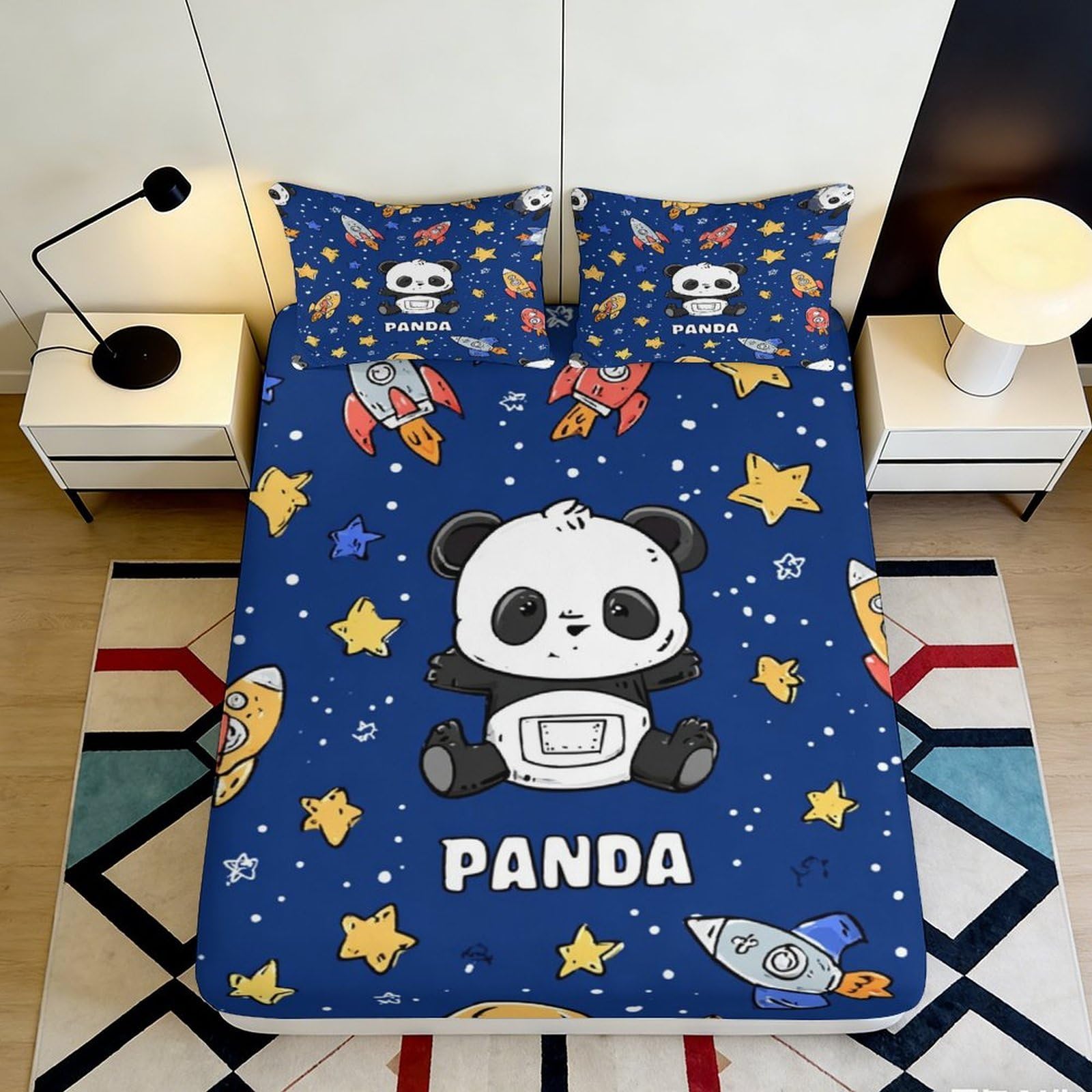 3D Printed Panda Space Fitted Sheet Microfiber Soft Breathable Rocket Stars Bed Cover for Bedroom Dormitory Guest Room Mattress Protection Decor 140x200x25cm