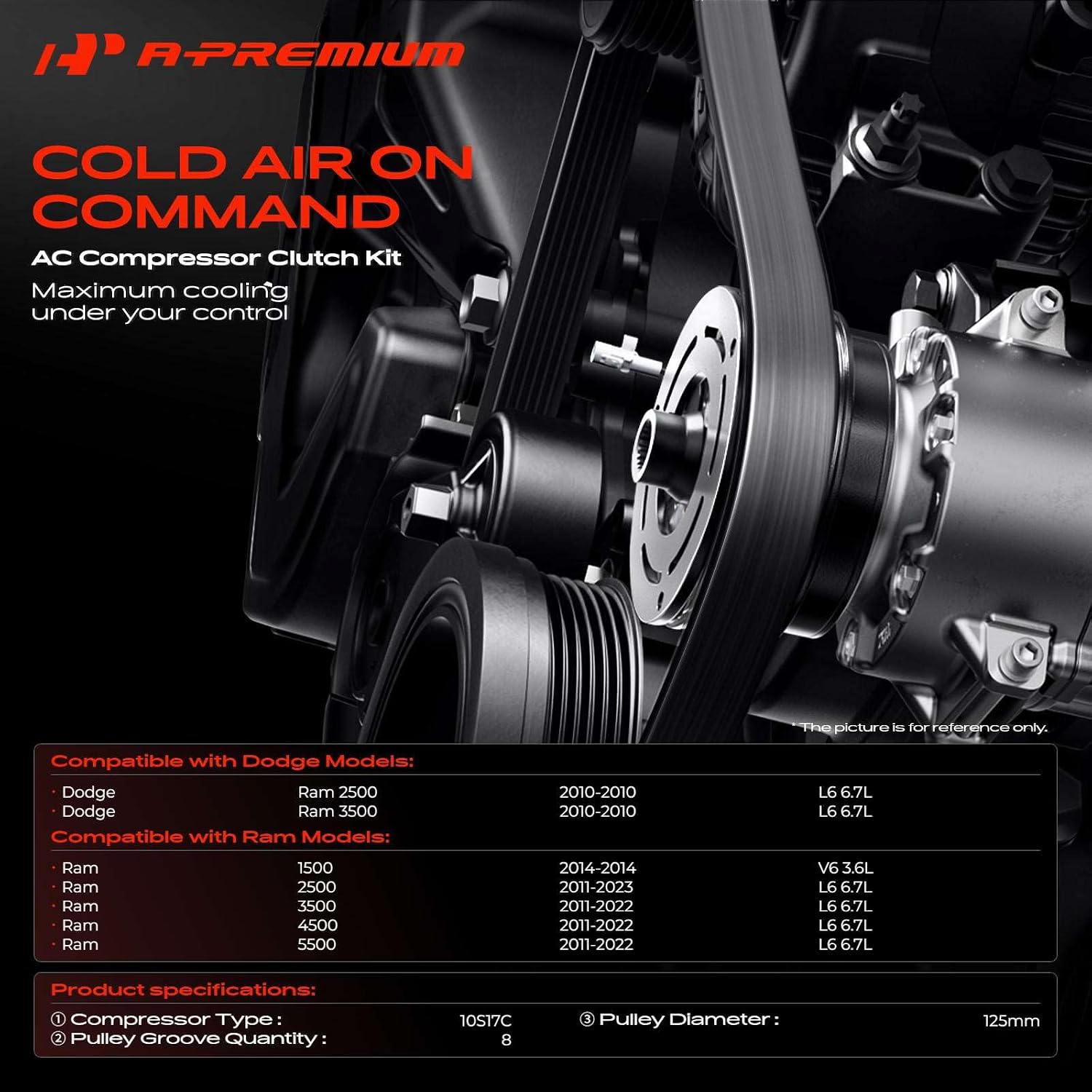 a-premium air conditioner ac compressor clutch kit compatible with ram 1500 2014, 2500 2011-2023, 3500 4500 5500 2011-2022 & dodge ram 2500 3500 2010, 3.6l 6.7l, 8-groove, fit for 10s17c compressor