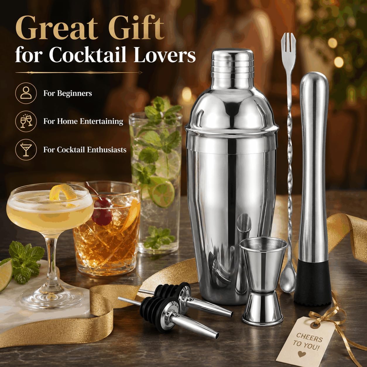 Cocktail Shaker Set, 6-Piece 18/8 Food-Grade Stainless Steel Mixology Bartender Kit - Premium Bar Tools with Muddler, Jigger, Spoon & Pourers - Rust-Proof, Leak-Proof & Dishwasher Safe Gift for Men