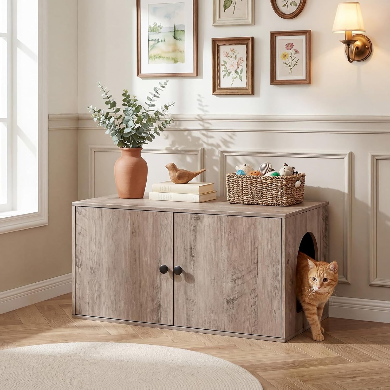 HOOBRO Cat Litter Box Enclosure, Hidden Litter Box Furniture with Side Entry, Litter Box Cabinet, Indoor Cat House, End Side Table, 31.5"L x 17.7"W x 16.3"H, for Living Room, Bathroom, Greige BG40MW01