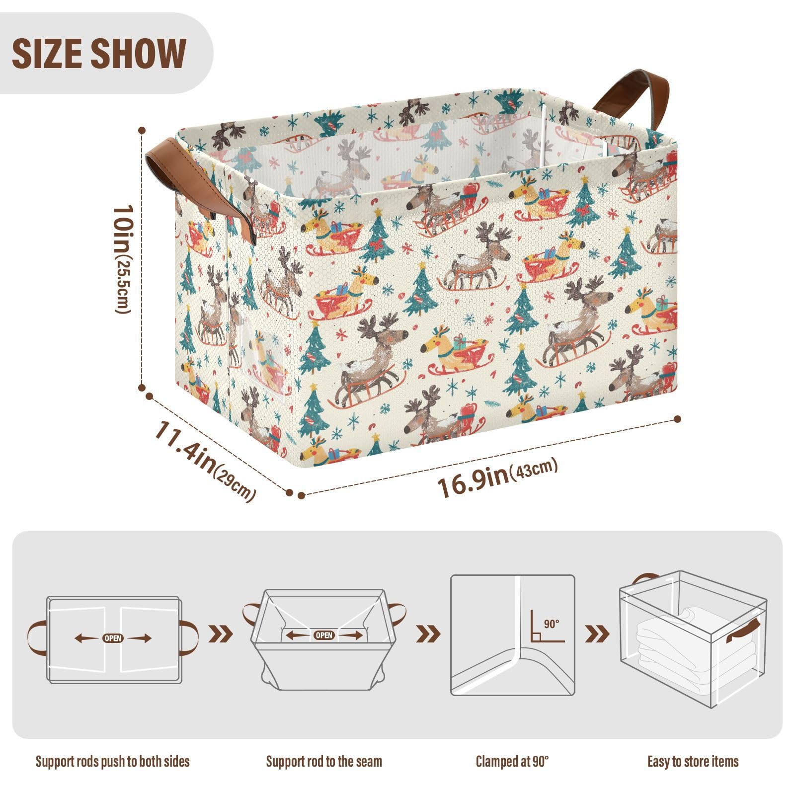 KLL Świąteczny łoś kreskówka uroczy kosz do przechowywania z uchwytami organizery domowe do sypialni, salonu, organizacji domu, 2 szt. cajas de almacenamiento para closet
