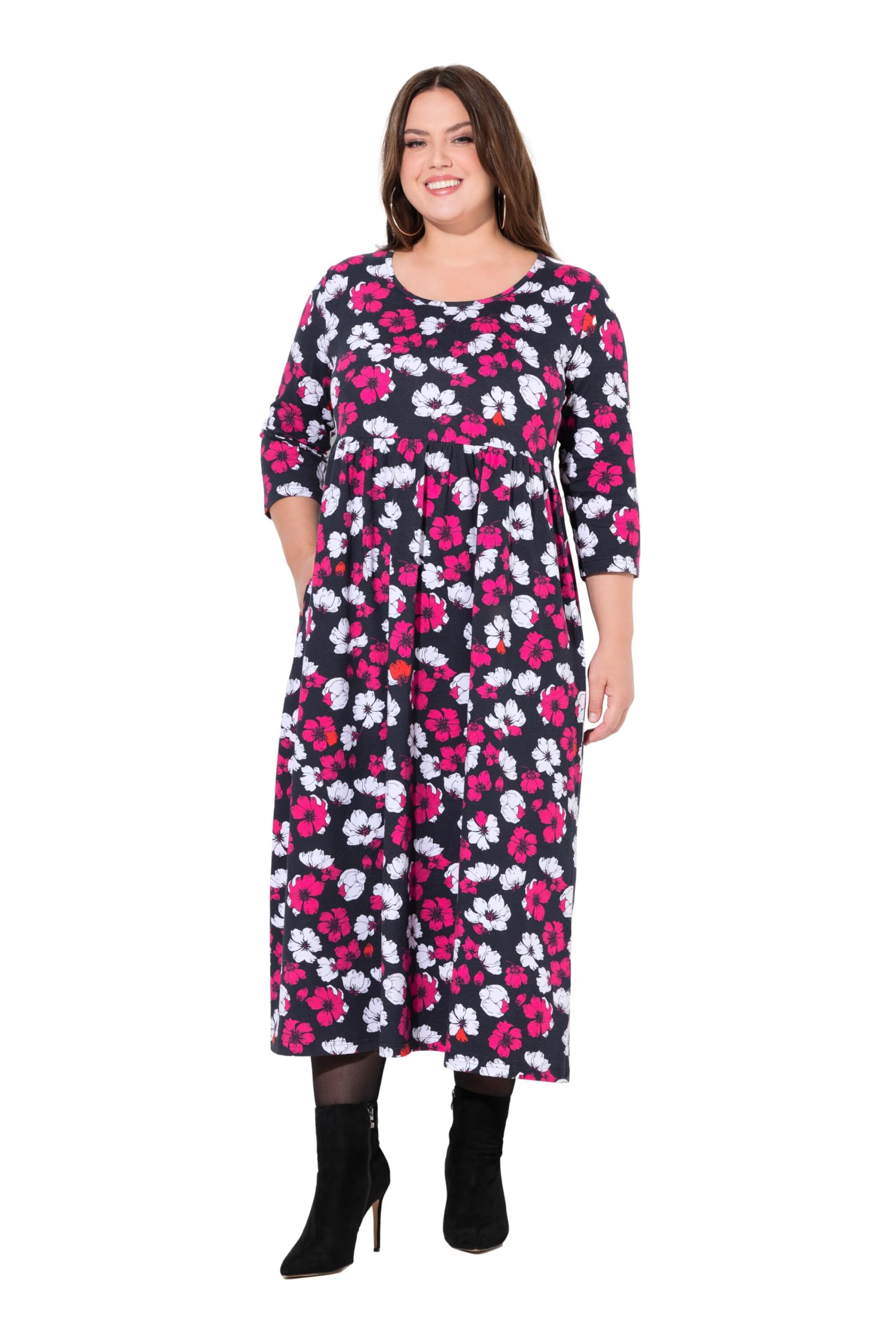 Ulla Popken Damen große Größen Übergrößen Plus Size Jerseykleid, Blüten, A-Linie, Runhals, 3/4-Arm, Taschen 837022