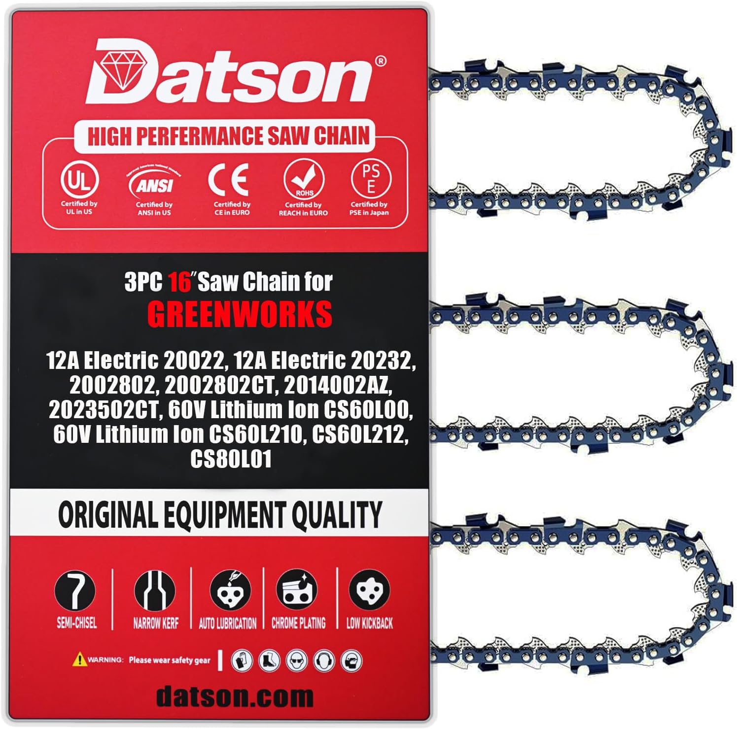 16" Chainsaw Chain for Greenworks CS80L211, CS80L2512, 16" Replacement Chain for Greenworks 20022, 20232, CS60L00, CS60L02, CS60L210, CS60L212, 2002802 (3 Chain)