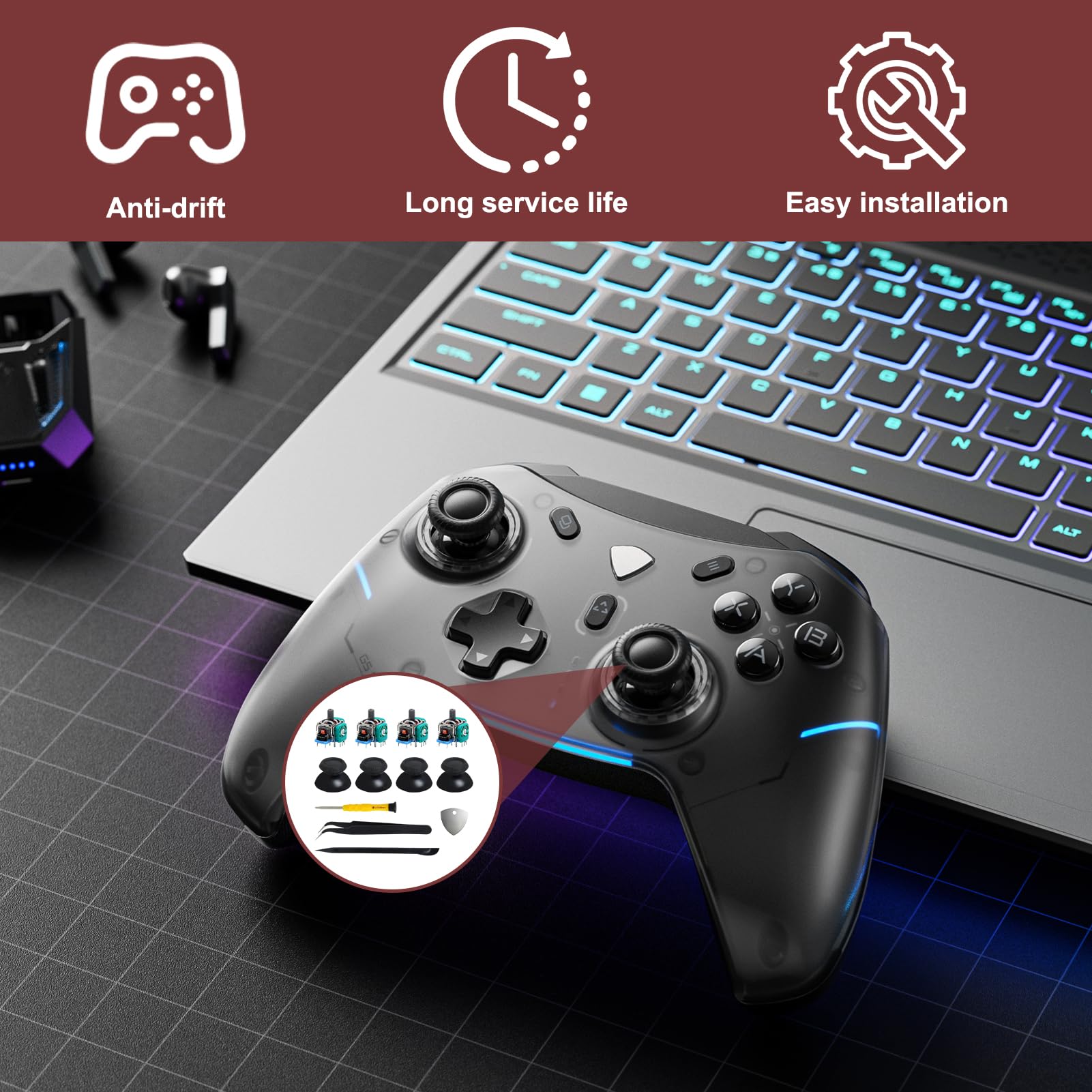 4 Pièces Joysticks pour Manette Xbox One S X et Series S X, Joysticks de Remplacement Analogique pour Manette PS4, Module Joystick 3D EL4 10KΩ avec Potentiomètre, Kit Réparation Anti Drift avec Outils - 5