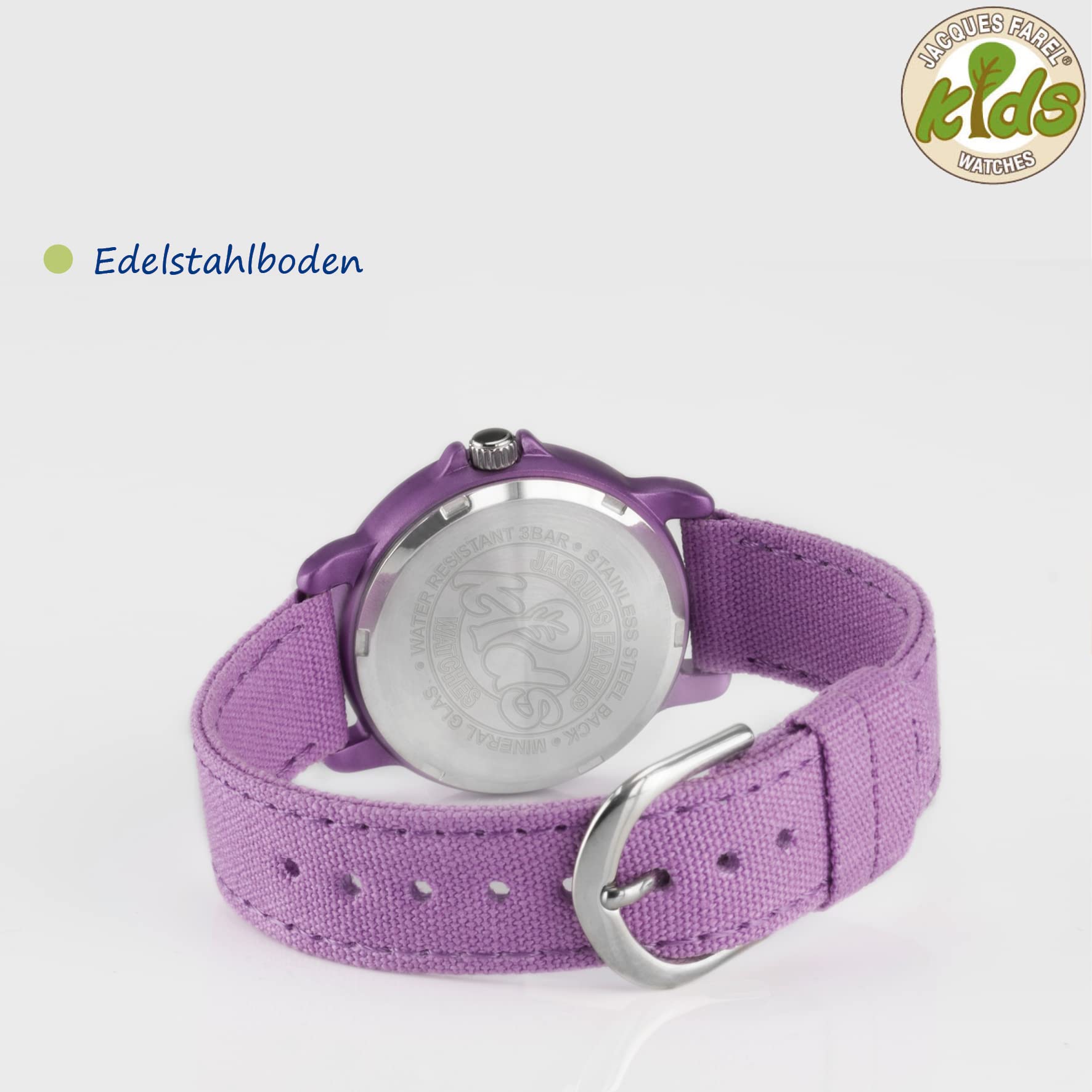 Jacques FAREL Lernuhr Öko Kinderuhr Mädchen Armbanduhr Analog Quarz mit Textilarmband aus Bio-Baumwolle Lila Violett Nachhaltig ORGT 1112
