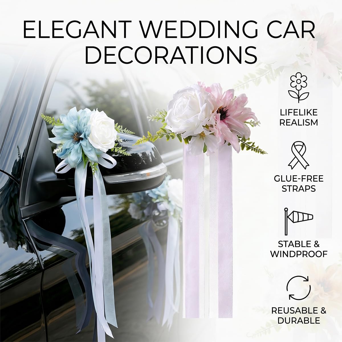 Autoschleifen Hochzeit Autoschmuck, Seidenblume Dekoration Simulation Rose Schleife, Künstliche Blume mit Satinband für Auto-Rückspiegel Türgriff und Stuhlsitze bei HochzeitenHellgelb