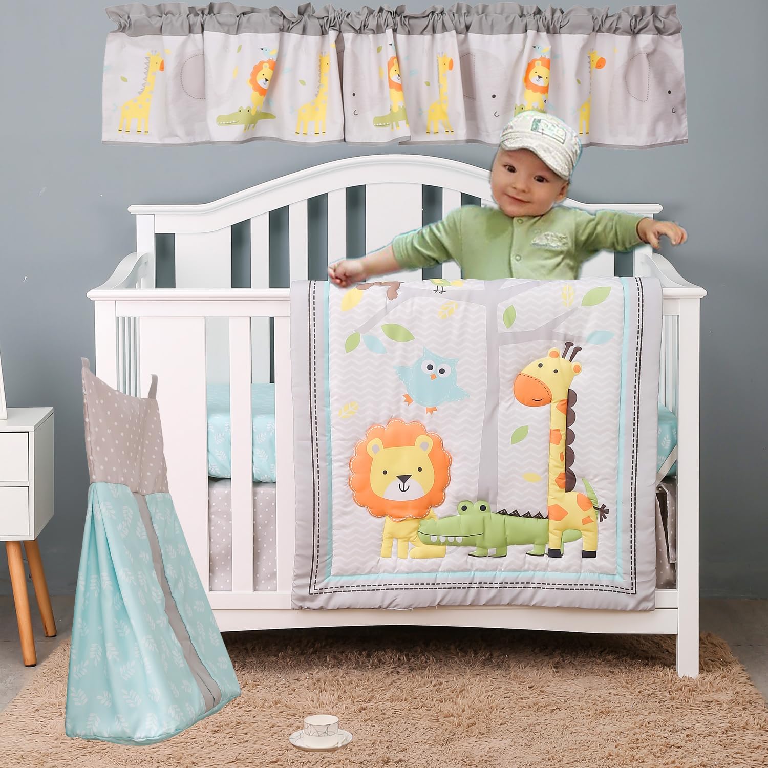 5 PCs Forest Animal Nursery Crib Bedding Set Quilt, Fitted Sheet, Skirt, Window Valance, Diaper Storage Baby Wild Animal Themed Cot Bedding Set