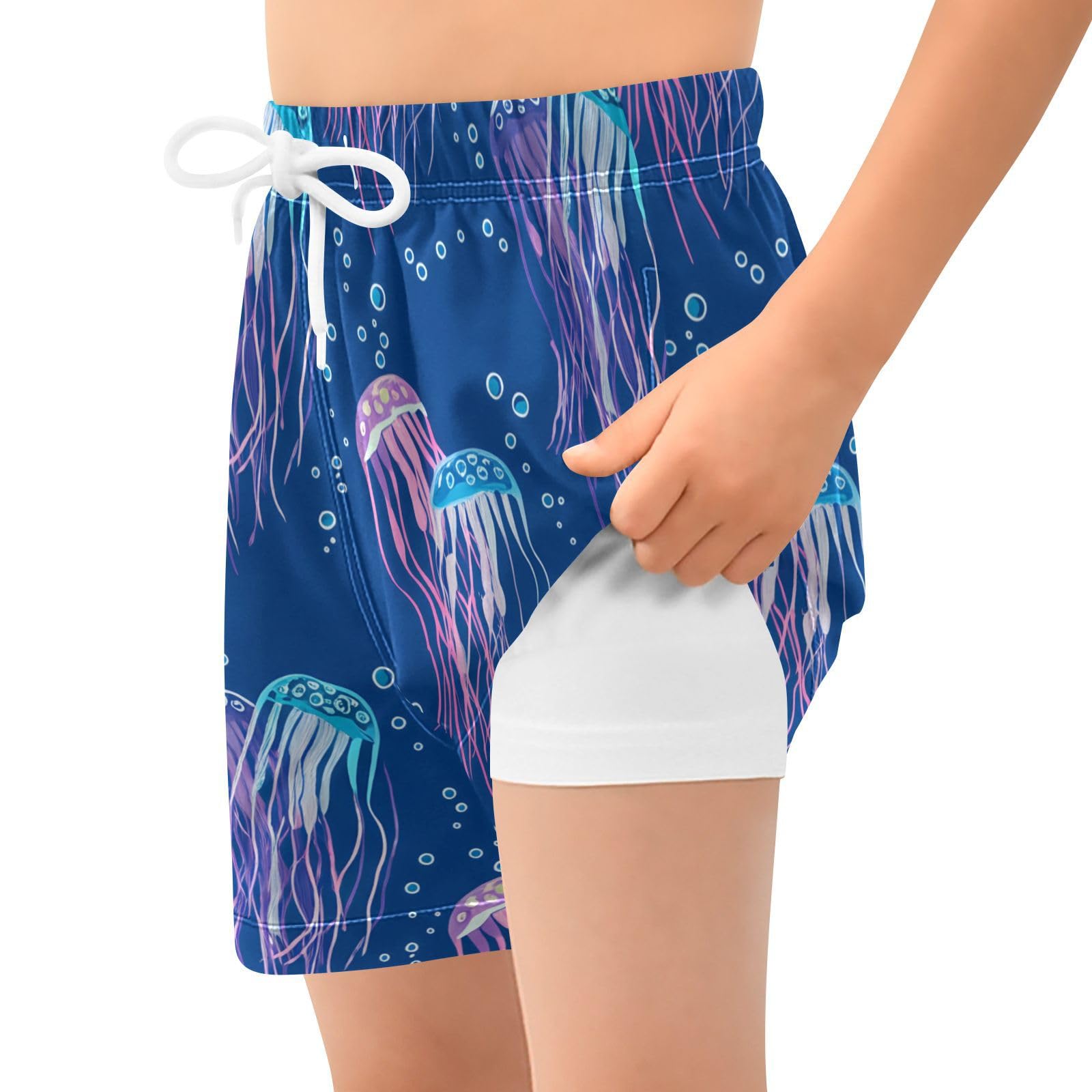 YANENDIE Boy Swim Trunks with Compression Liner Jellyfish Deep Blue Boys Swim Shorts Quick Dry Beach Shorts