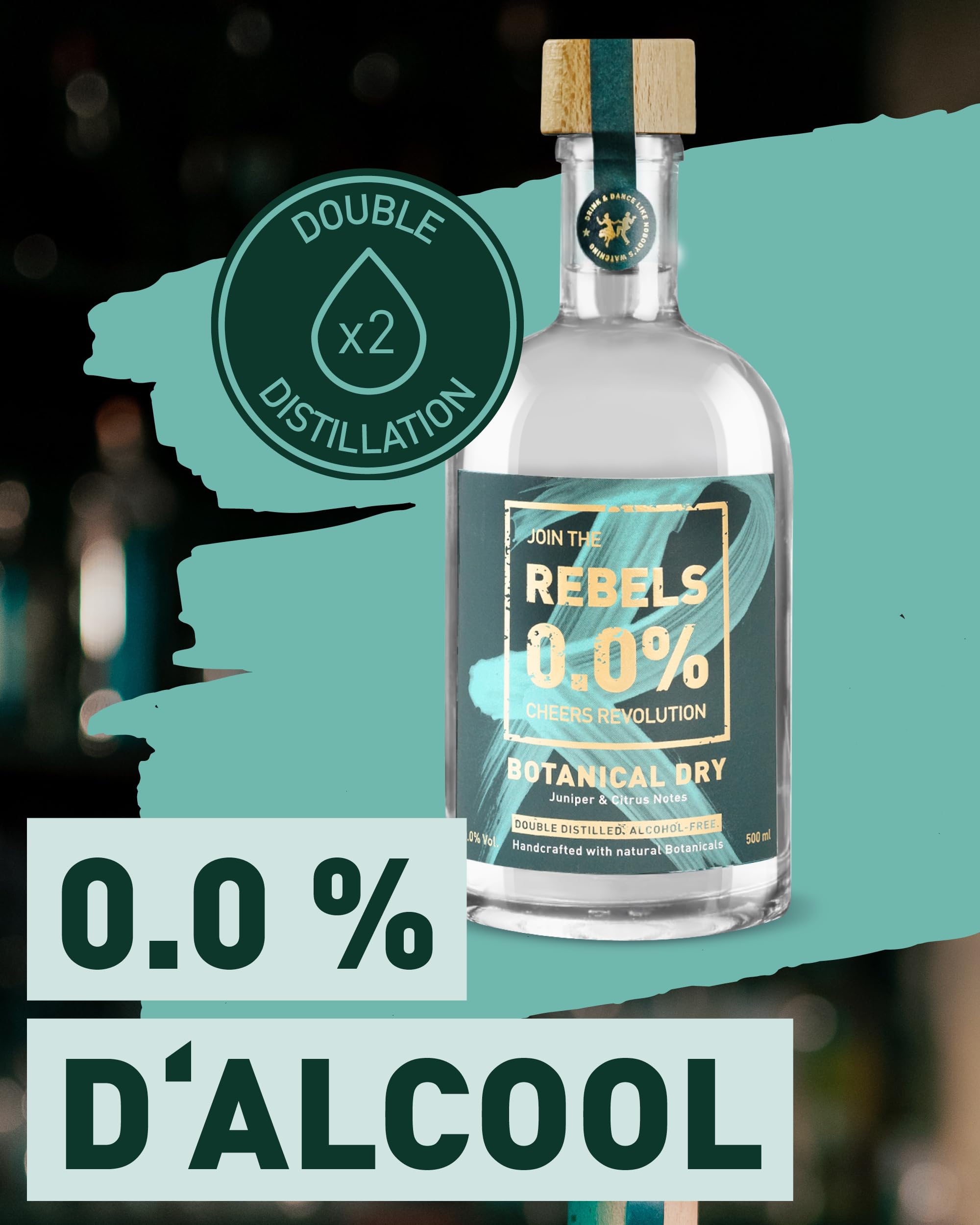 REBELS 0.0% - Alternative sans Alcool inspirée du Gin - Botanical Dry - 500 ml - Distillé deux fois pour un Arôme intense - Goût primé - Végan - Pour Mocktails comme Gin Tonic
