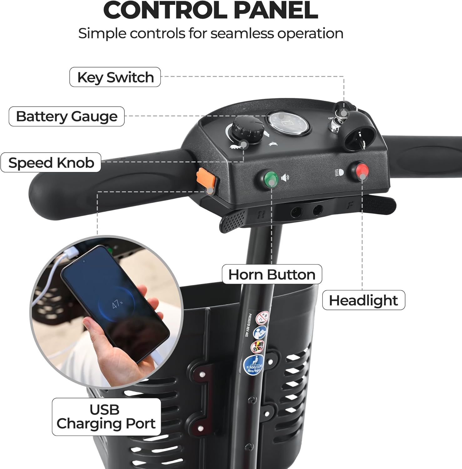 Detailed view of the scooter's control panel, showing the key switch, battery gauge, speed knob, horn button, headlight button, and USB charging port.