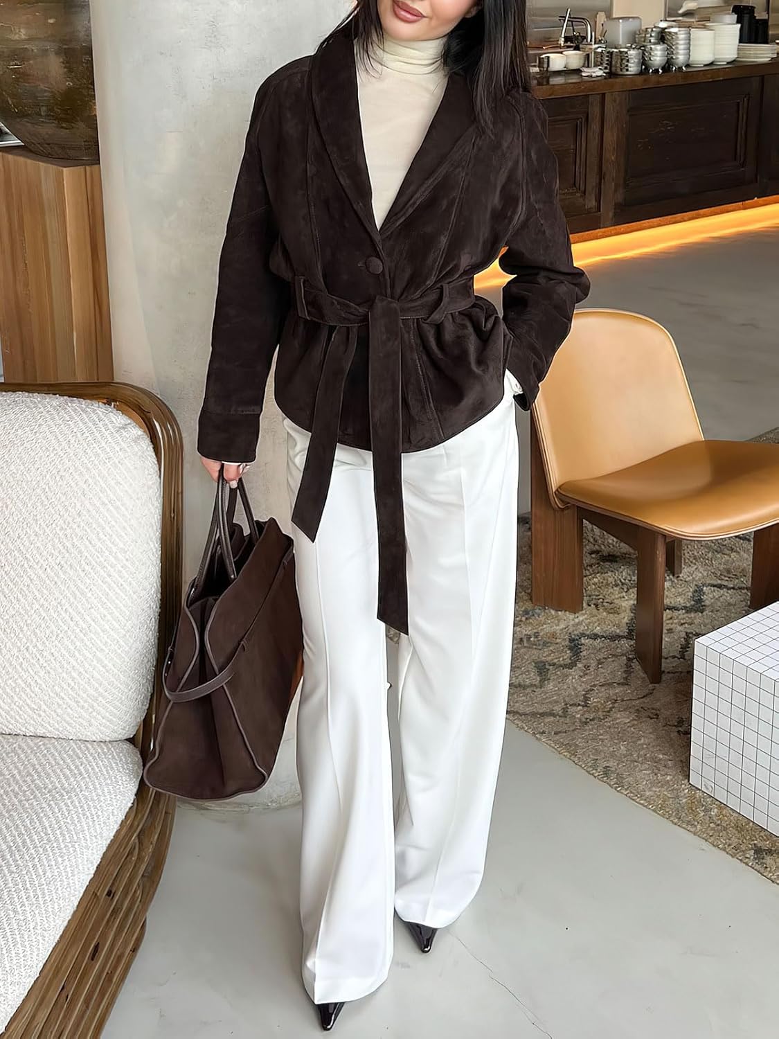 ebossy Women's Fashion Faux Suede Open Front Short Trench Coat Lapel Single Breasted Tie Waist Jacket Outwear