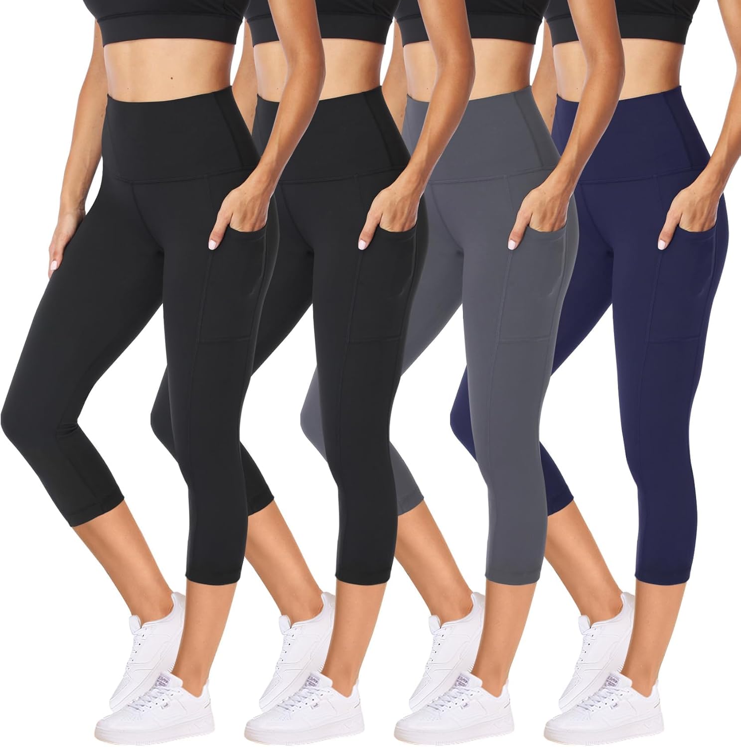NexiEpoch 4 Pack Leggings for Women - High Waisted Tummy Control Soft Black Capri Yoga Pants with Pockets for Workout
