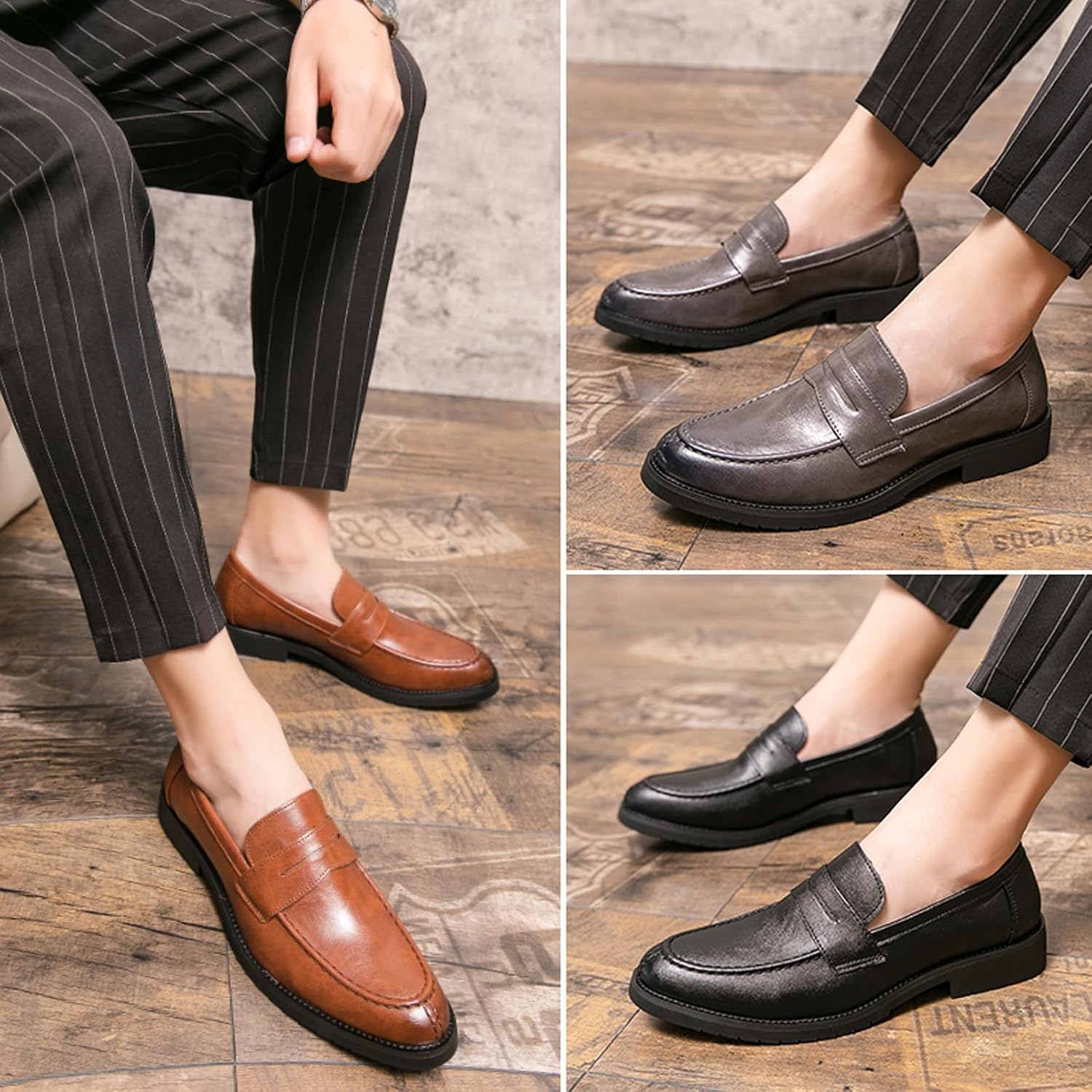Men's Round Toe Chunky Leather Casual Loafers, Fashionable Slip-On Convex Non-Slip Retro Formal Penny Loafers