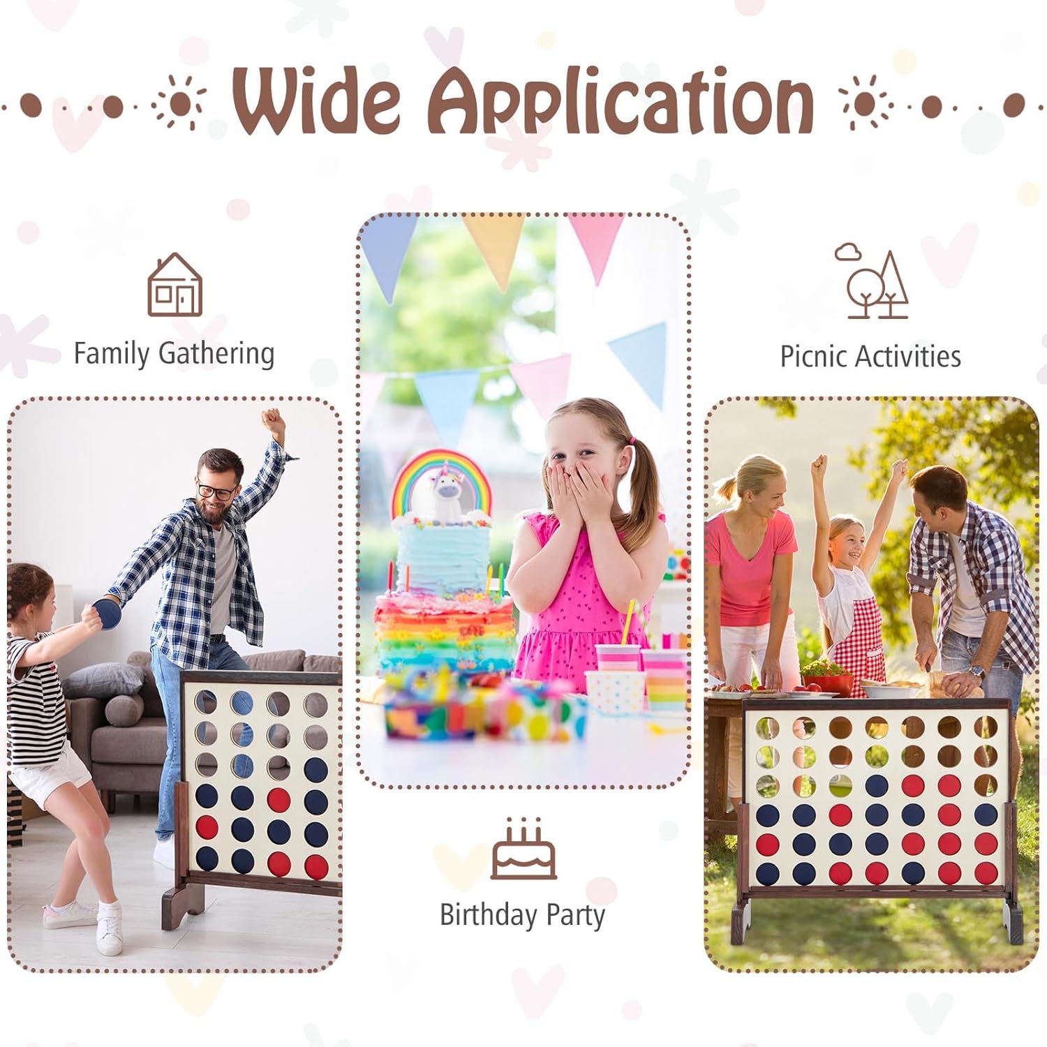 COSTWAY 4-in-a-Row Game Set w/ 42 Jumbo Rings & 600D Oxford Fabric Carrying Bag, One-Hand Release Lever, Wooden Line-up-4 Game for Camping, Parties & Gatherings (Brown)