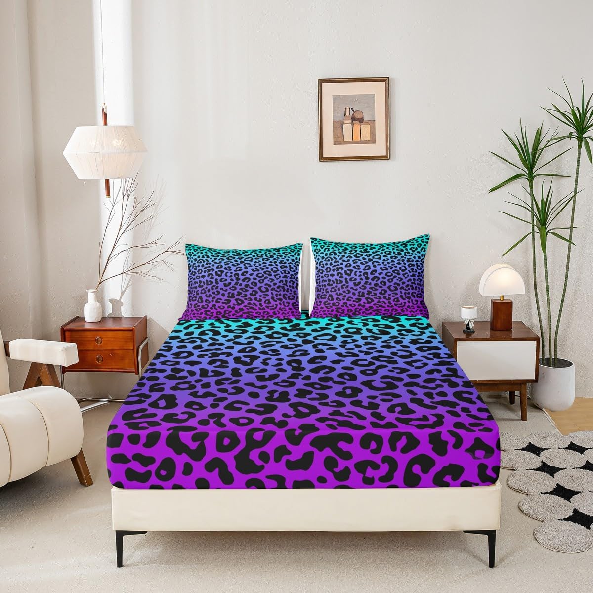 Leopard Print Fitted Sheet Full Size,Wild Animals Cheetah Skin Texture Bedding Set,Kids Girls Beauty Woman Room Decor,Blue Purple Gradient Bed Cover,Romantic Chic Bed Sheet,2 Pillowcases