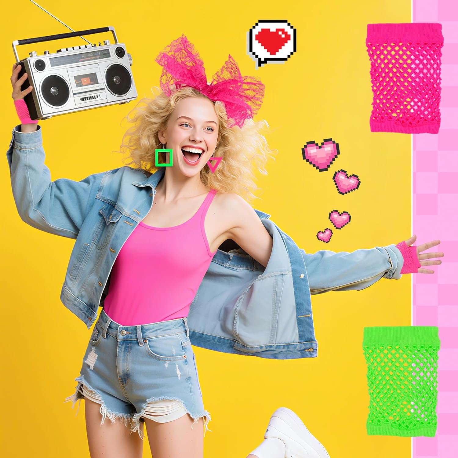 10 Pcs 80s Accessories for Women Costume Lace Headband Neon Errings Fishnet Gloves 80S Outfit for Retro Party - Image 5