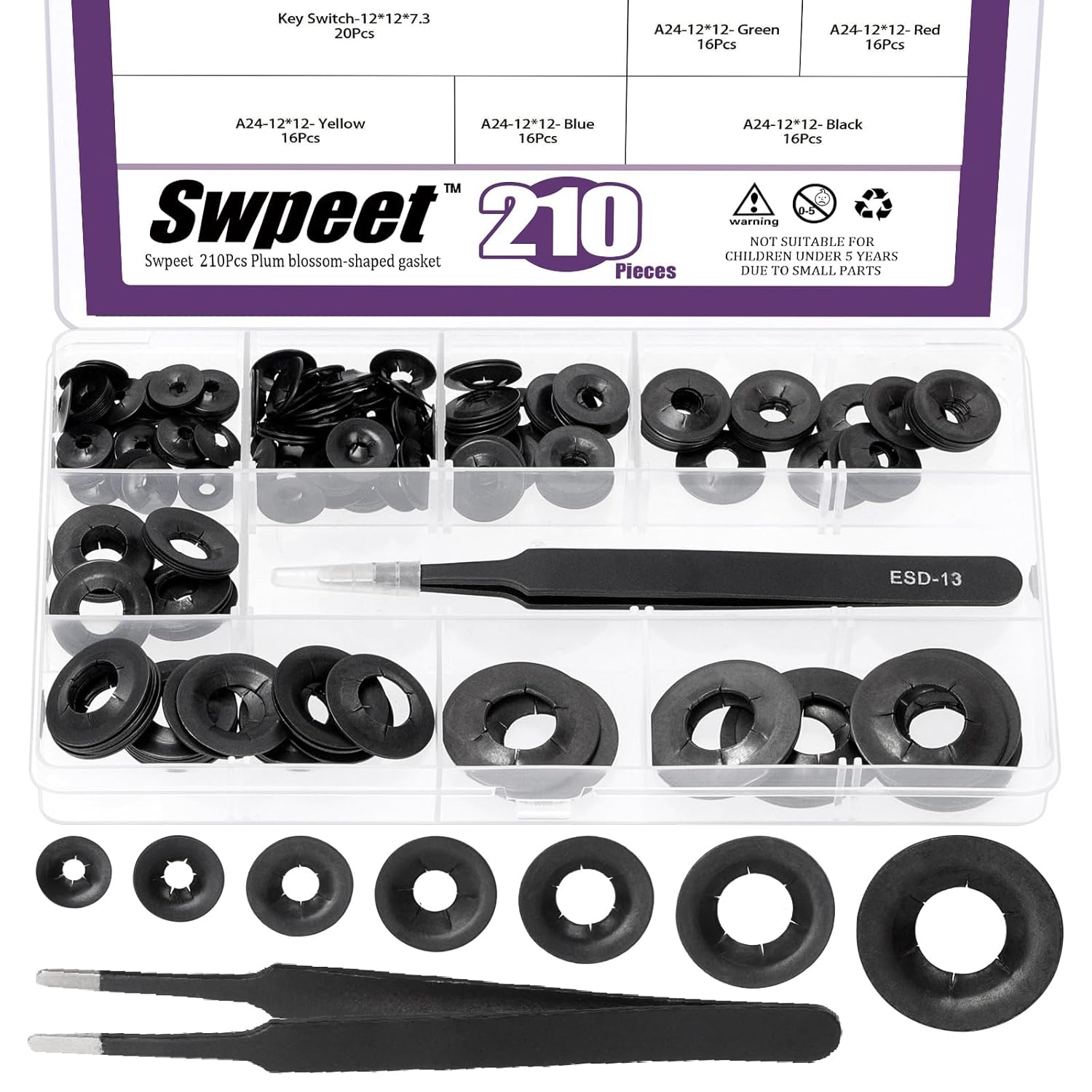 Swpeet 210Pcs 7 Sizes M3 M4 M5 M6 M8 M10 M12 Manganese Steel Push On Dolly Wheel Lock Washers with Tweezers Assortment Kit, Spring Steel Push-on Washers, High Density Push Nuts Fits Dolly Axle Rods