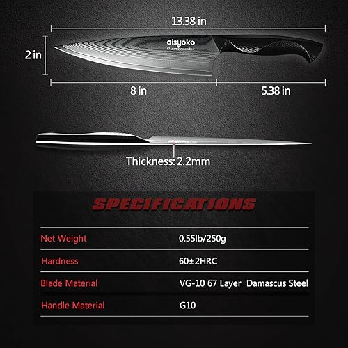 Vista 5 de Cuchillo de chef de Damasco de 8 pulgadas, cuchillo de cocina afilado Japón VG-10 de acero inoxidable al carbono, ultra afilado, mango ergonómico