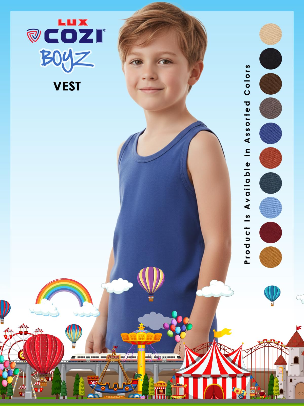 Lux Cozi Boy's Pack of 6 Muticolor Super Combed Cotton Round Neck Sleeveless Color Vest (Size : 45cm) Multicolour 2