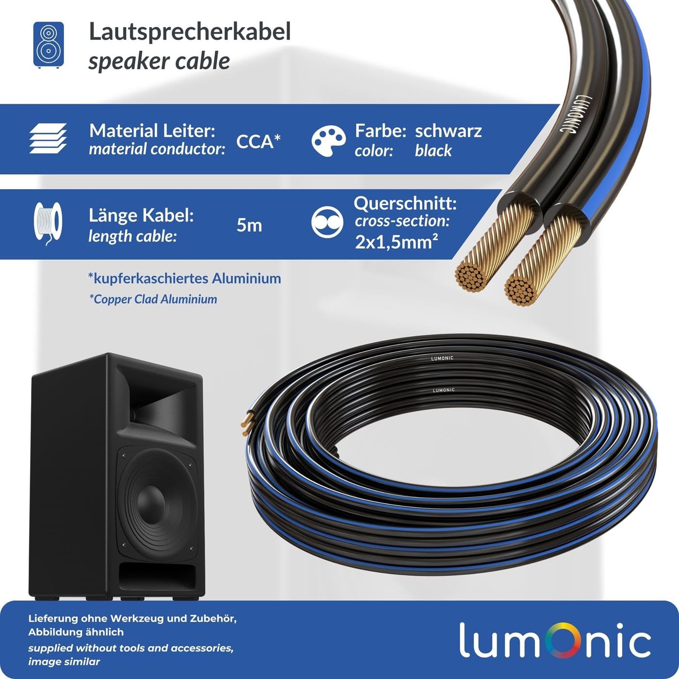 Câbles Haut-parleurs Lumonic 5m - 2x1,5mm² CCA, Noir, Câble Jumelé Pour Système Hi-Fi Et Home Cinema - 9