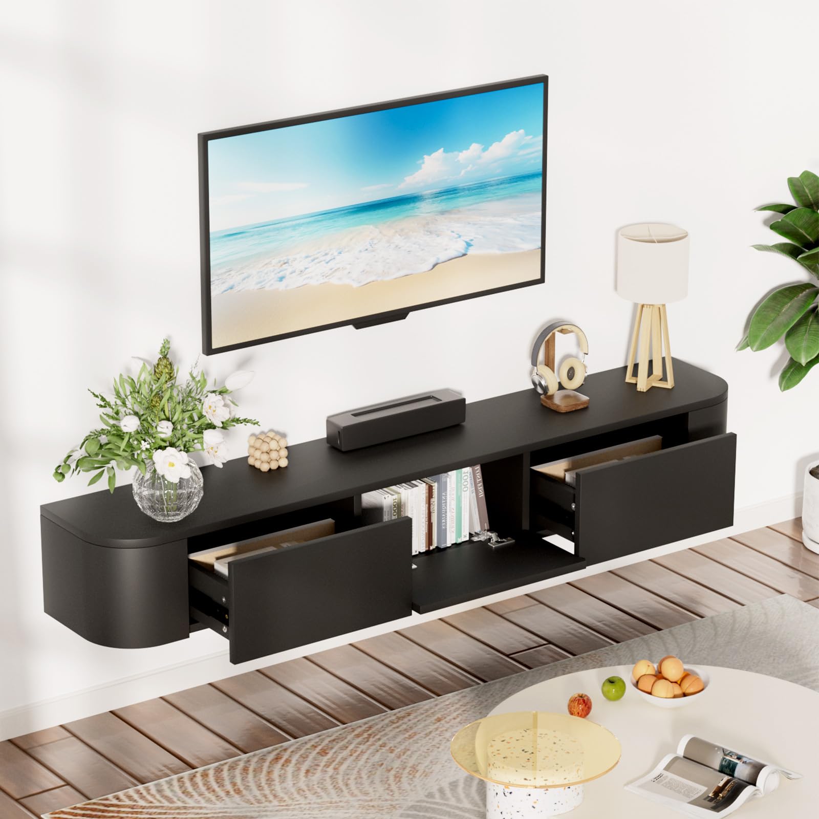 Meuble TV Suspendu 140 Cm Meuble TV Mural avec Rangement de Grande Capacité Table TV Multimédia TV Console Meuble avec Portes et Tiroirs pour Chambre Salon, Noir