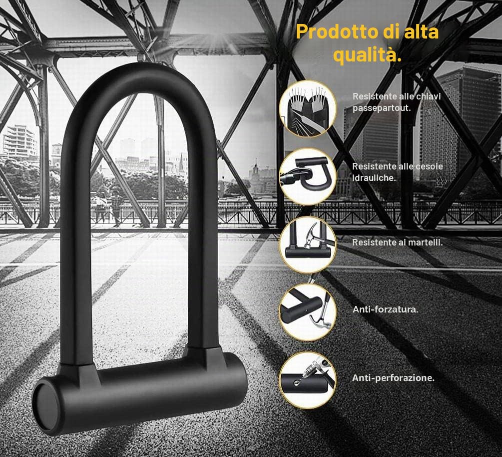 U - Lucchetto per bicicletta + lucchetto per bicicletta in acciaio con supporto 2 in 1, con chiusura a U, cavo flessibile in acciaio