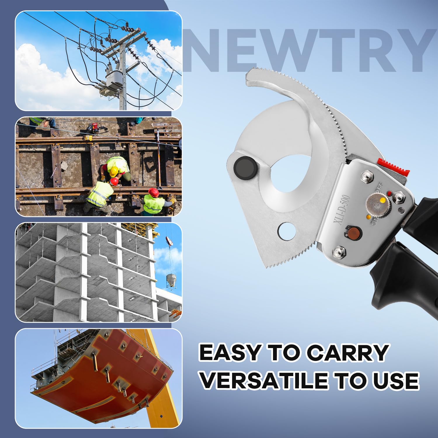 NEWTRY Herramienta Cortacables de Carraca de Alta Resistencia para Cortar Cables de Cobre y Aluminio de hasta 500mm², Acero Inoxidable con Mango Retráctil, XLJ-D-500