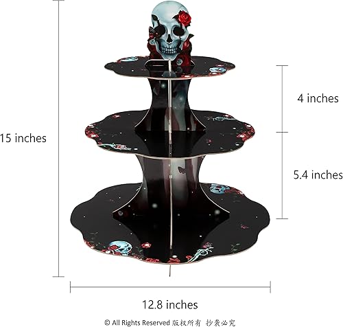 Miniatura 2 de Cheerland Soporte gótico para cupcakes con diseño de calavera de rosa para decoración de fiesta de Halloween, decoración de mesa de esqueleto