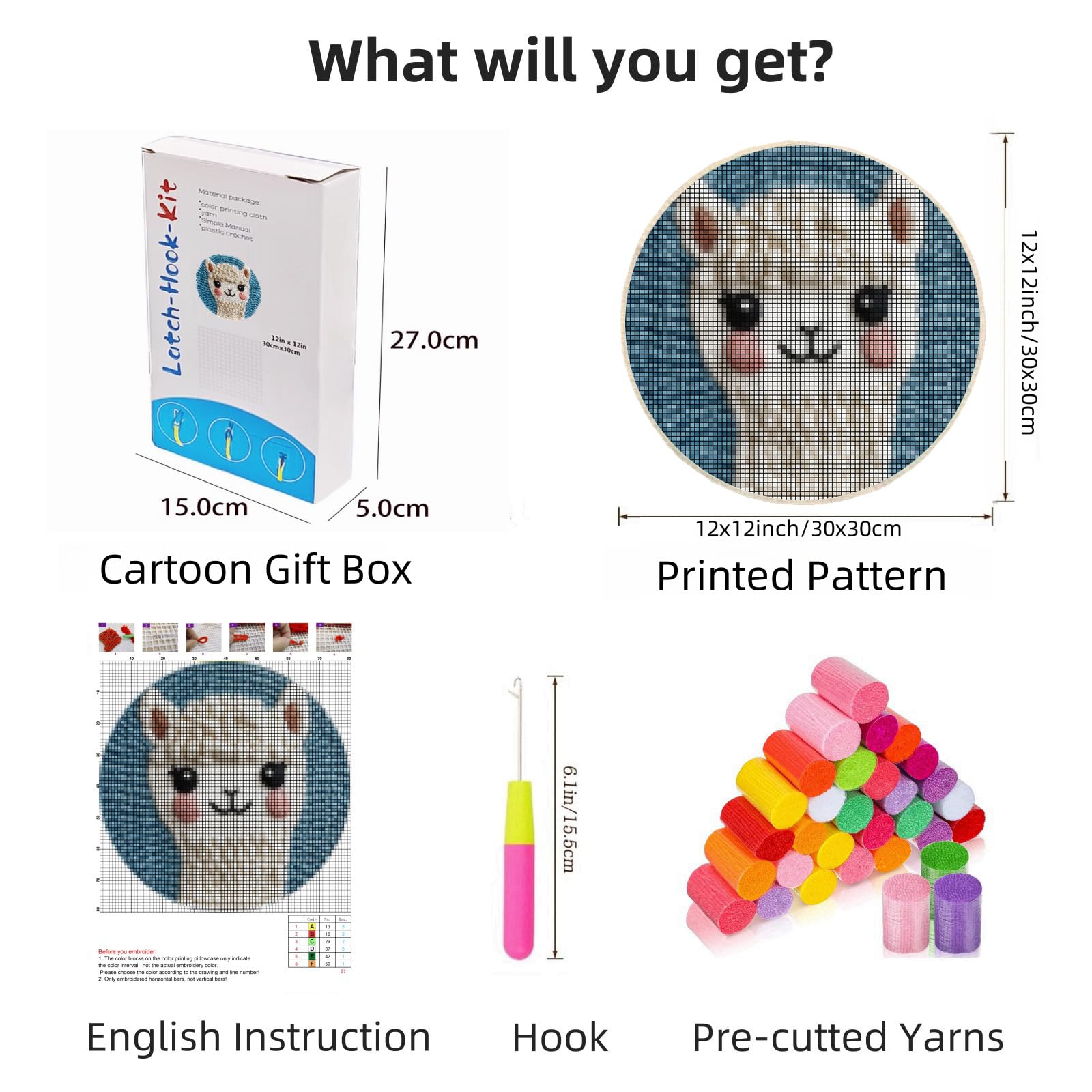 Latch Hook Mini Rug Kit Cute Baby Alpaca Easy for Beginners Round Shape Carpet Crochet Yarn Craft DIY Hook and Latch Little Tapestry for Home Decor 30x30cm(1)