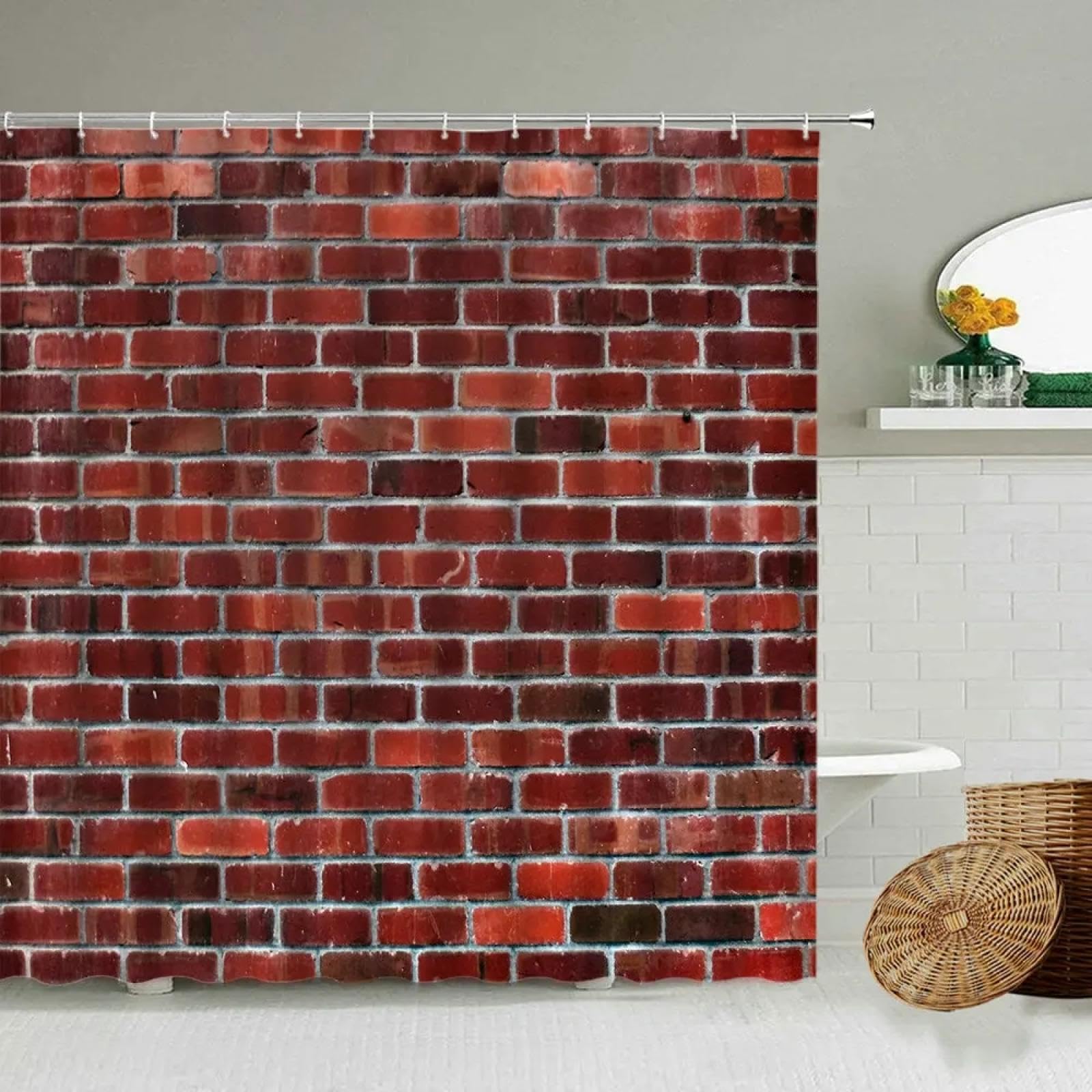 Retro-Duschvorhang aus rotem Backstein, Steinwand, roter Hintergrund, Stoff, wasserdichter Polyester-Bildschirm, Badezimmer-Dekoration mit Haken, 200 x 180 cm
