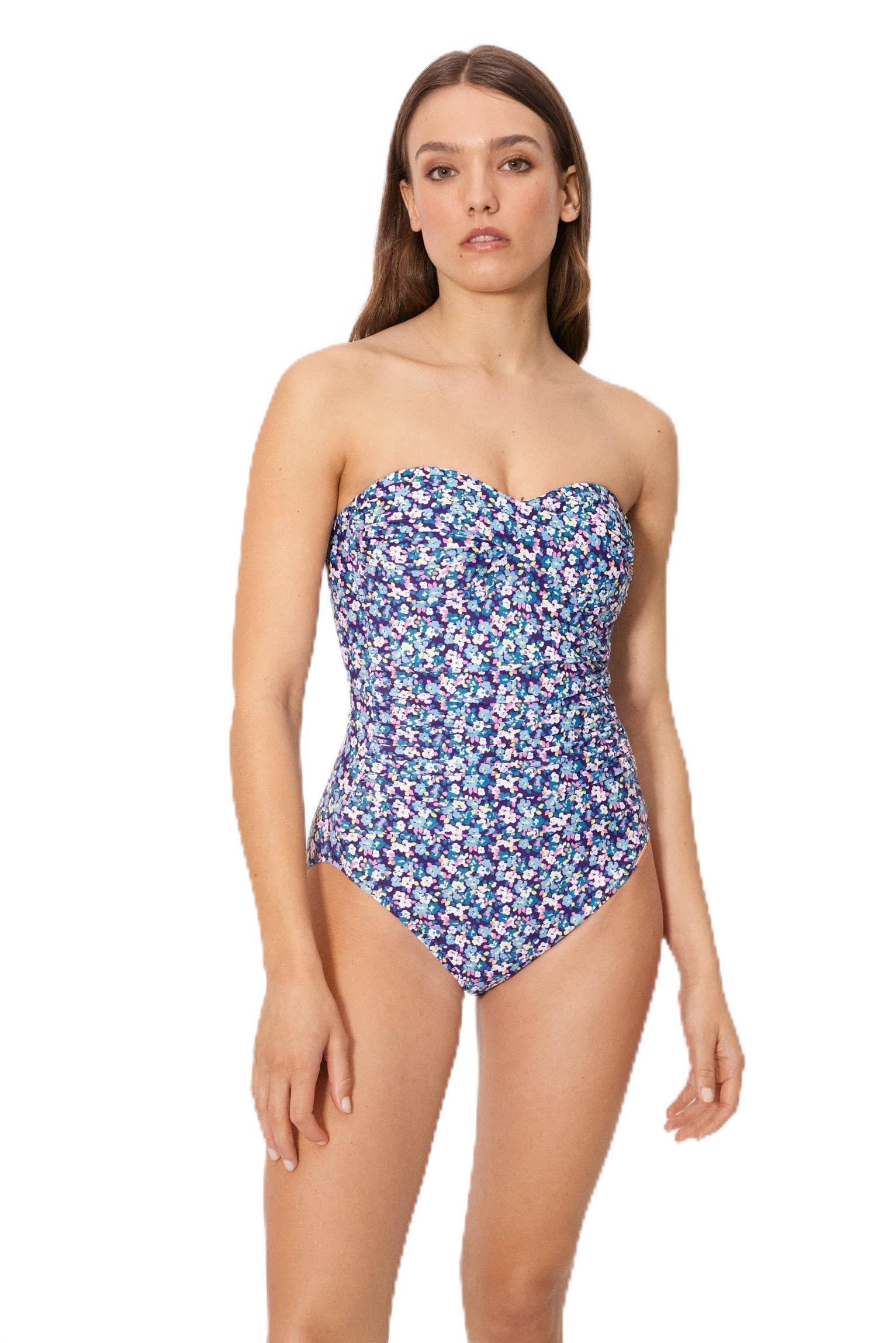 YSABEL MORA Bañador Reductor Bandeau Alta compresión Copa B. Escote corazón con Bandas Interiores de Silicona. Relleno extraíble para Ajuste cómodo y Favorecedor .Colección Flowers.