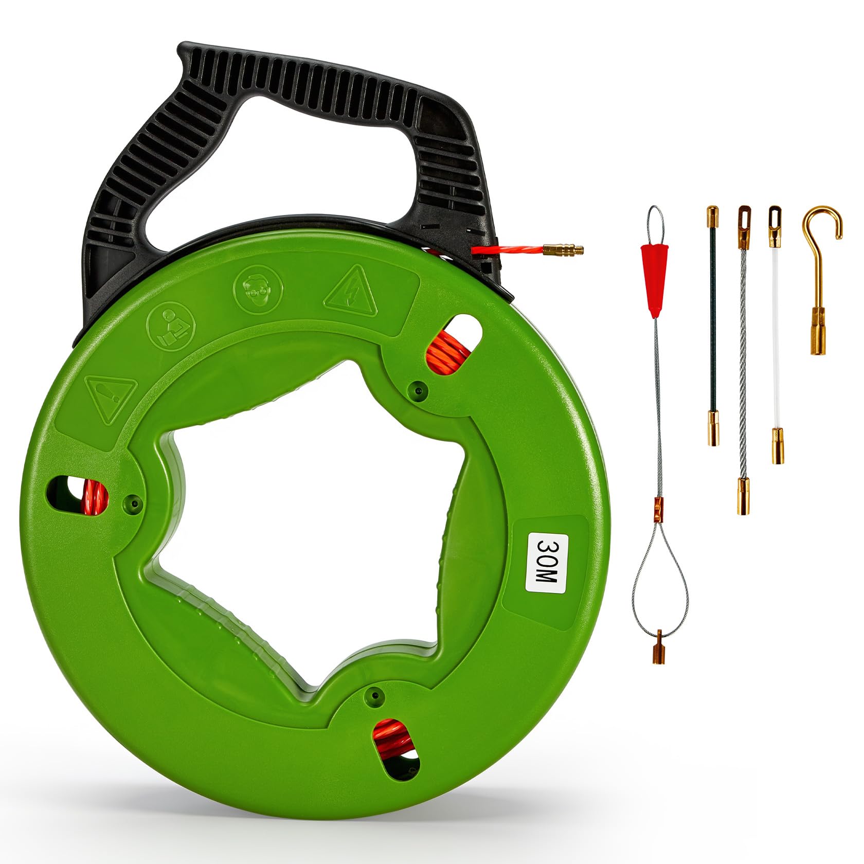 Pindex 30 m Aiguille Electricien 4 mm Tire Fils Cable Electrique avec 5 Adaptateurs pour Tuyaux Vides, Câble d'Alimentation, Câble Réseau, Fibre Optiqueuidage