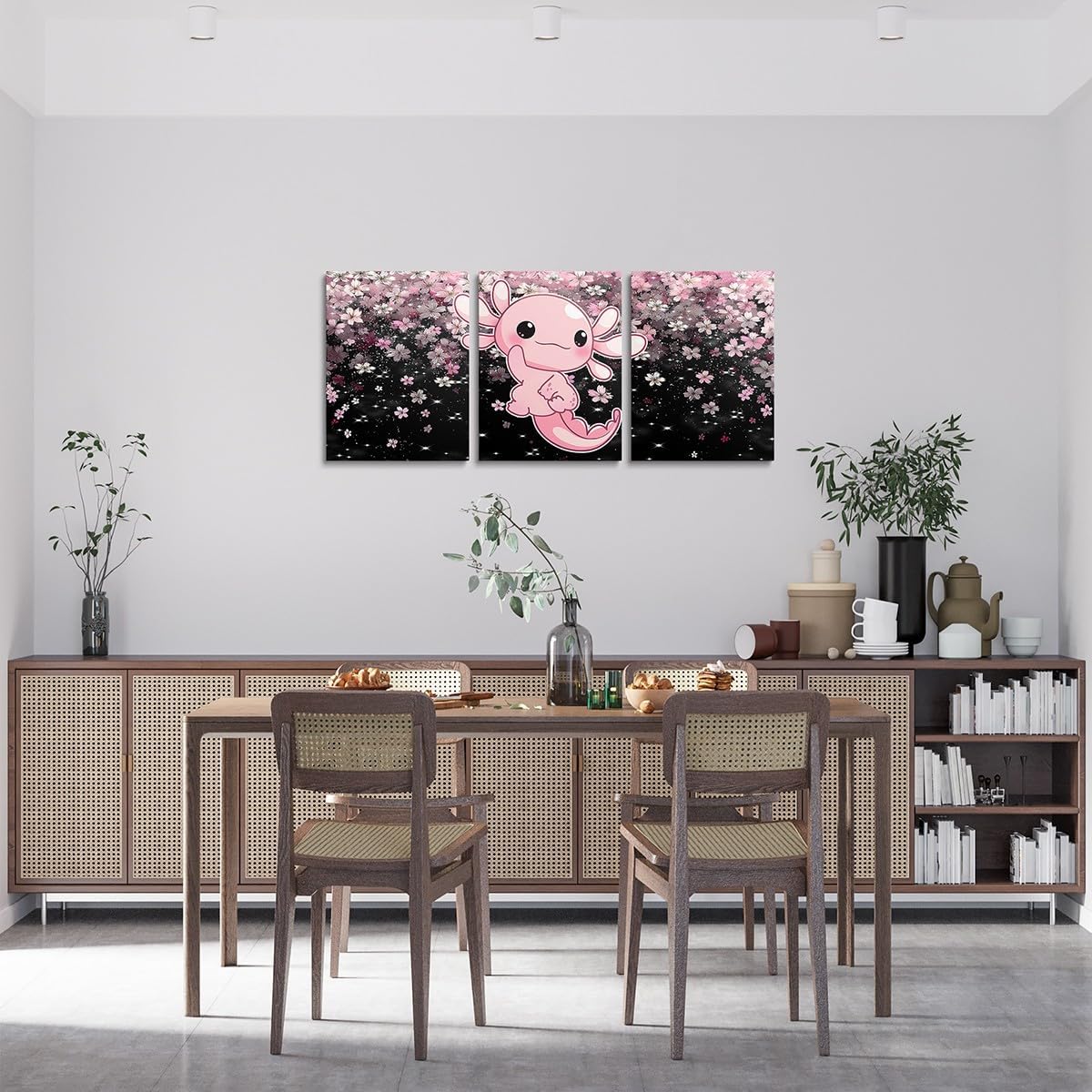 Cute Axolotl Canvas Wall Art Set of 3 for Girl Cartoon Pink Axolotl Wall Decor for Kids Teens Kawaii Salamander Sea Ocean Animal Framed Paintings Artwork Romantic Cherry Blossom Poster Prints,12x16